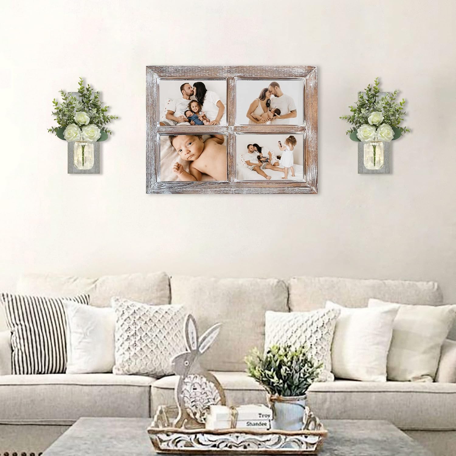 TenXVI Designs Remote Controlled Jar Sconces with Roses and Eucalyptus - Set of 2 - Rustic Farmhouse, Boho, Country Western Home Wall Decoration for a Dining Room, Living Room, Bedroom - Gray