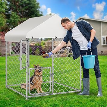 DWVO Outdoor Dog Kennel with Roof, Extra Large Pet Pens Dog House 445.4FT Galvanized Dog Run Enclosure with UV-Resistant Waterproof Cover & Double-Doors Chain Link Fence Outside for Yard