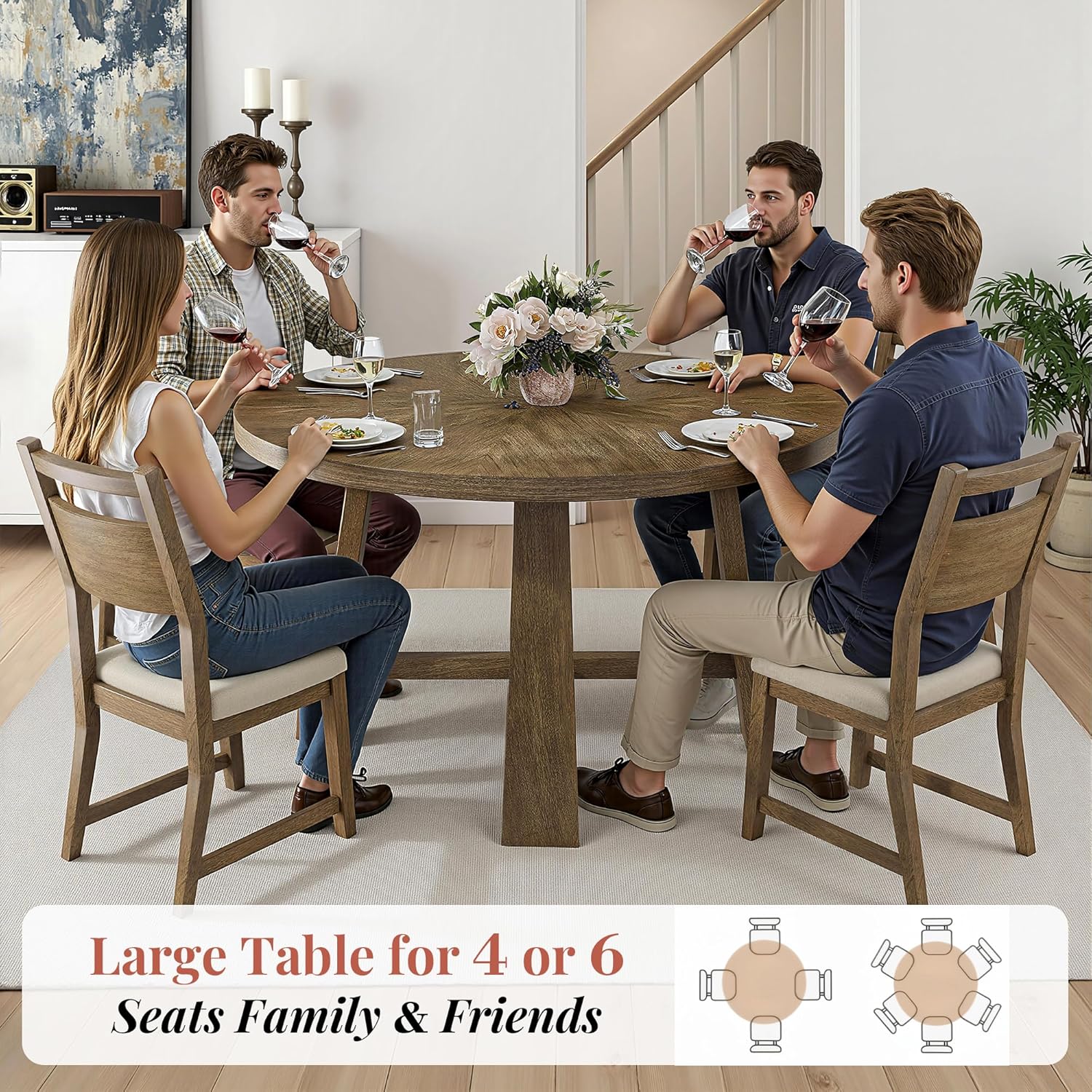 Jocisland Round Solid Wood Dining Table Set for 4, 5-Piece Mid-Century Kitchen & Dining Room Furniture with Padded Chairs, Space-Saving Design, Radial Grain Finish, Easy Assembly
