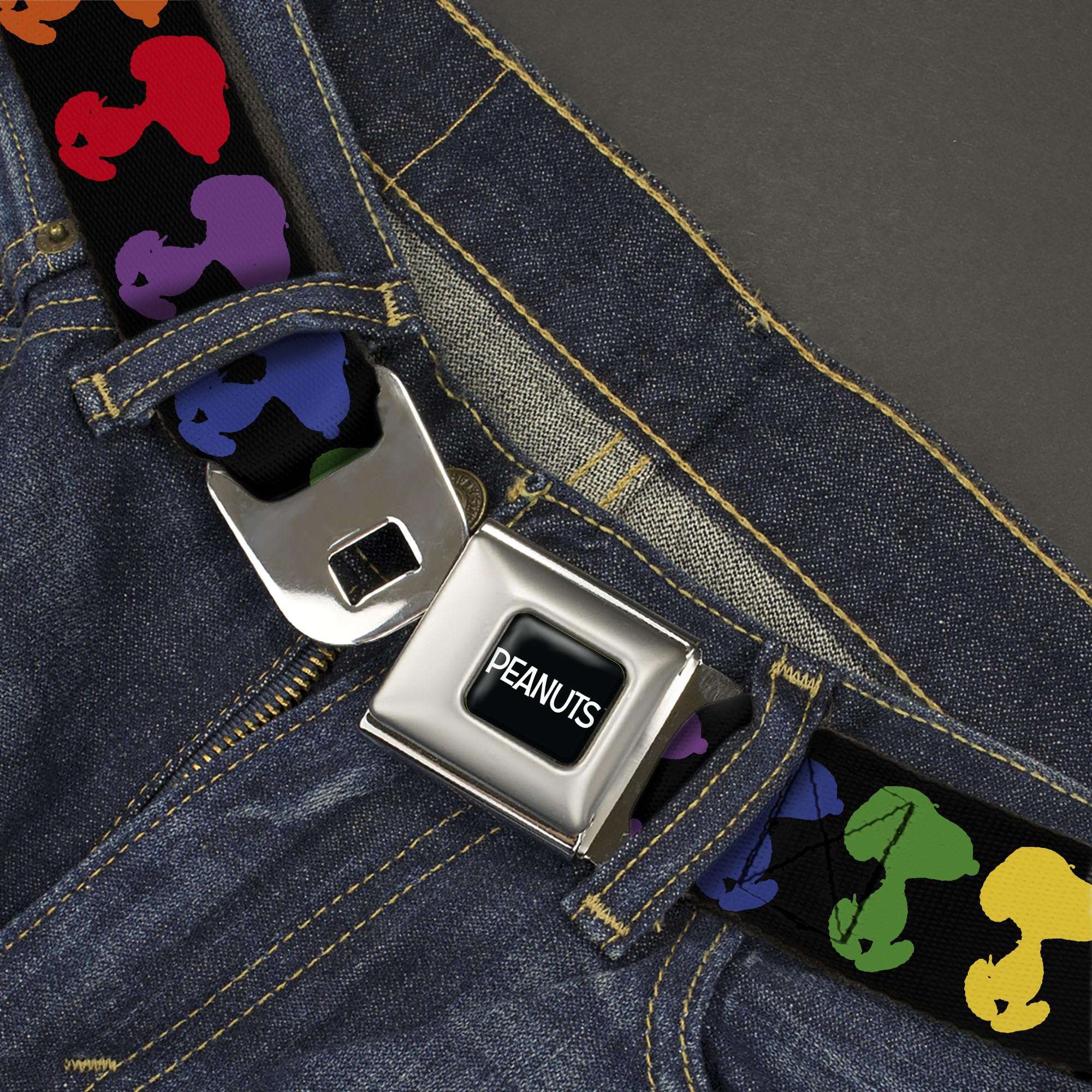 Peanuts Worldwide LLC Belt, Seatbelt Buckle Belt, Peanuts Snoopy Silhoutte Pose Black Rainbow Multi Color, 24 to 38 Inches