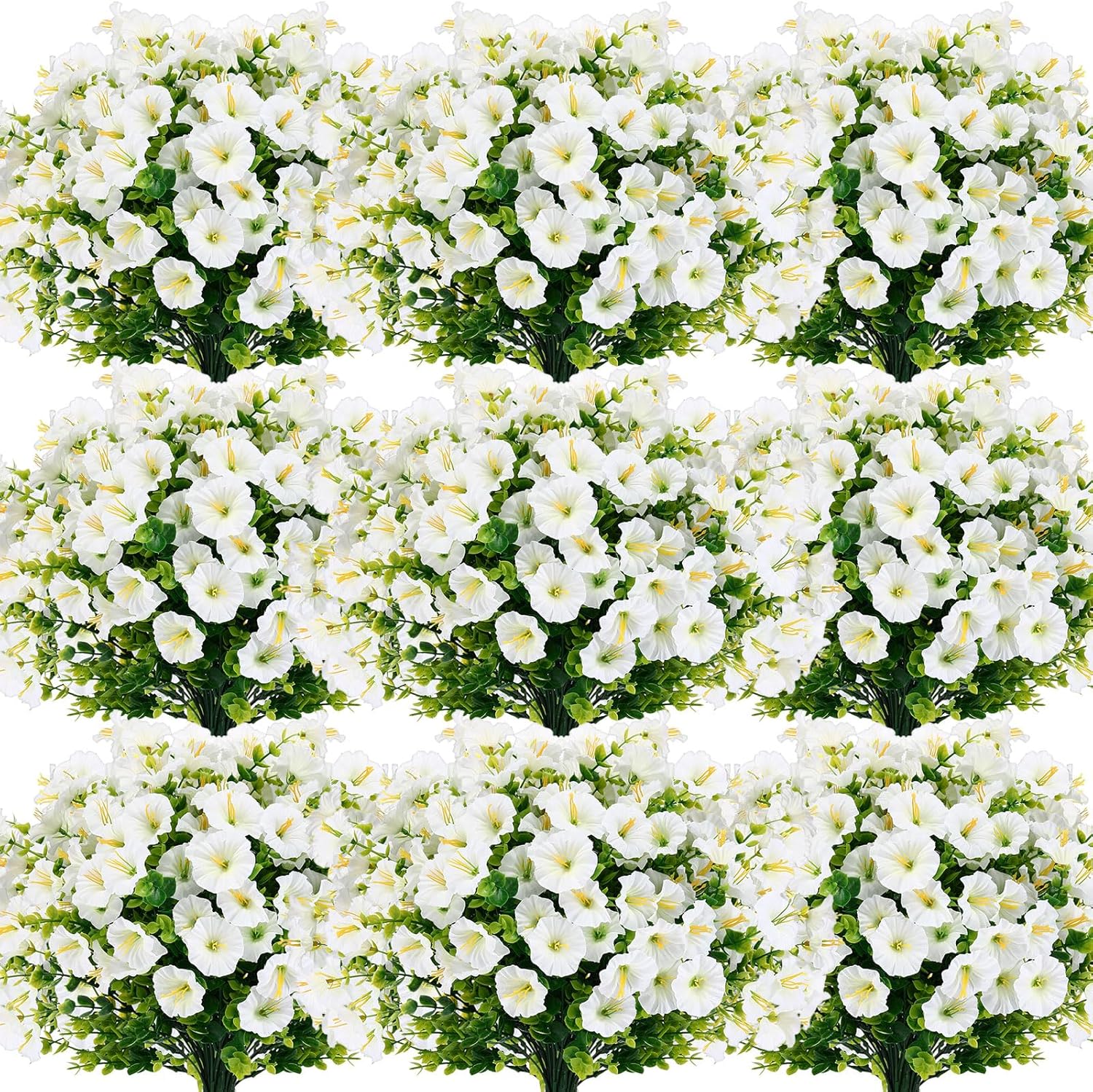 Hoteam 24 Bundles Artificial Flowers for Outdoors - Fake Plants UV Resistant Morning Glory Silk Flowers Outsides Faux Plastic Eucalyptus for Window Box Garden Porch Patio Decor (White)