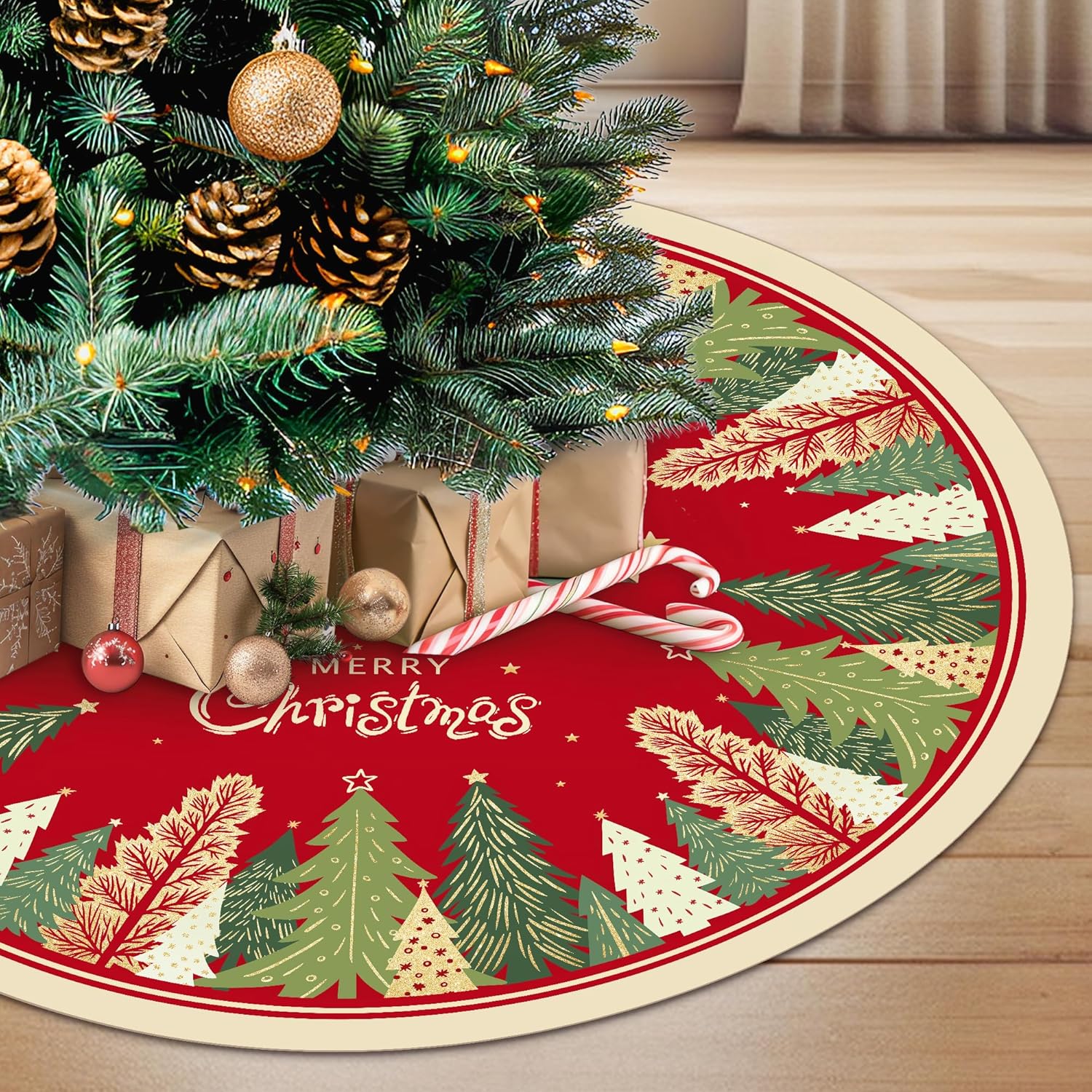 Christmas Tree Skirt 60 Inches, Xmas Pine Tree Farmhouse Holiday Soft Tree Skirt for Christmas Tree Indoor Outdoor, Holiday Decor Christmas Decorations (60 Inch)