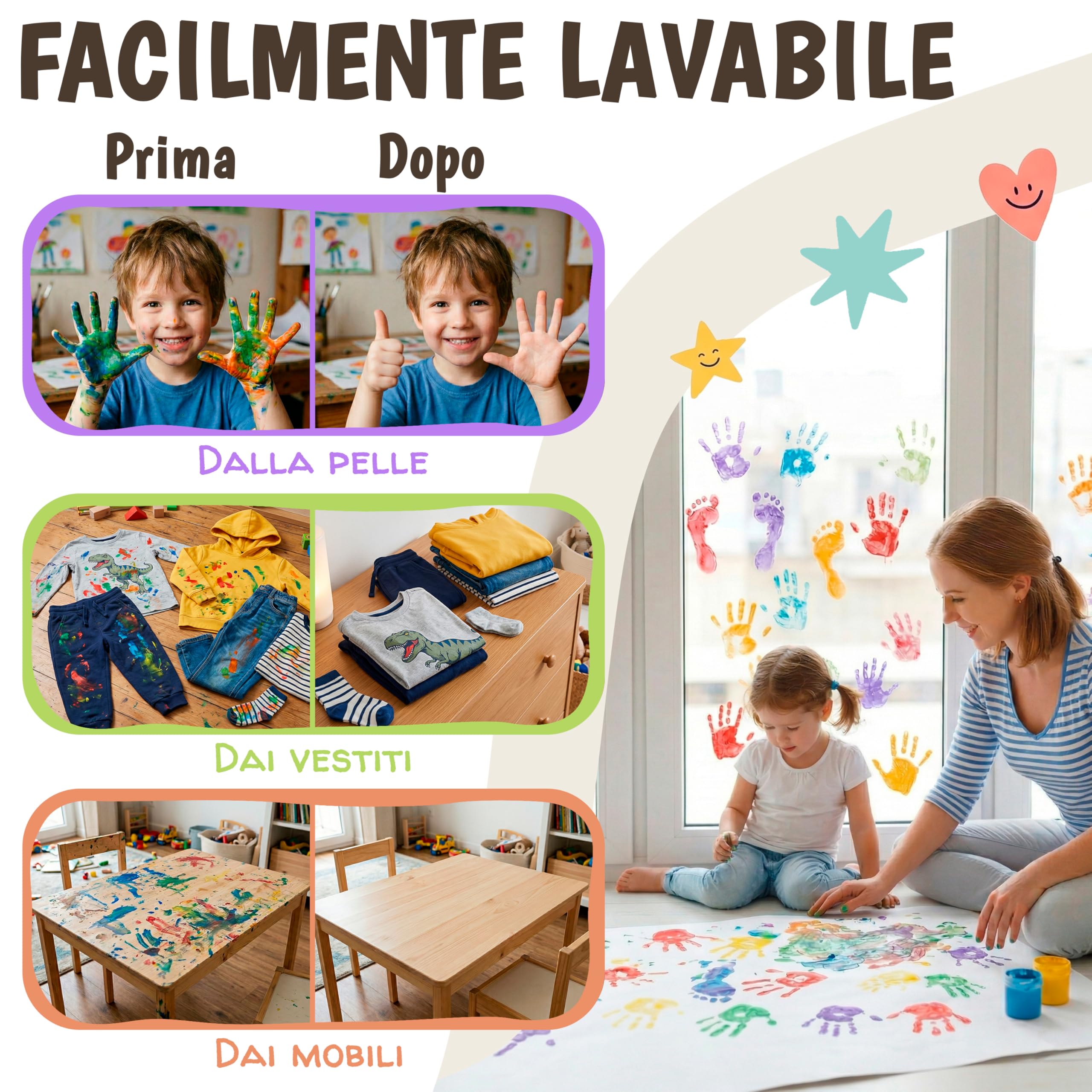 Colori a Dita per Bambini Atossici Lavabili 6x60ml – Set Pittura Bambina da 1 Anno | Pittura Dita, Mani, Piedi | Colori per Impronte Neonati | Tempere Lavabili per Bambini Multi Superficie