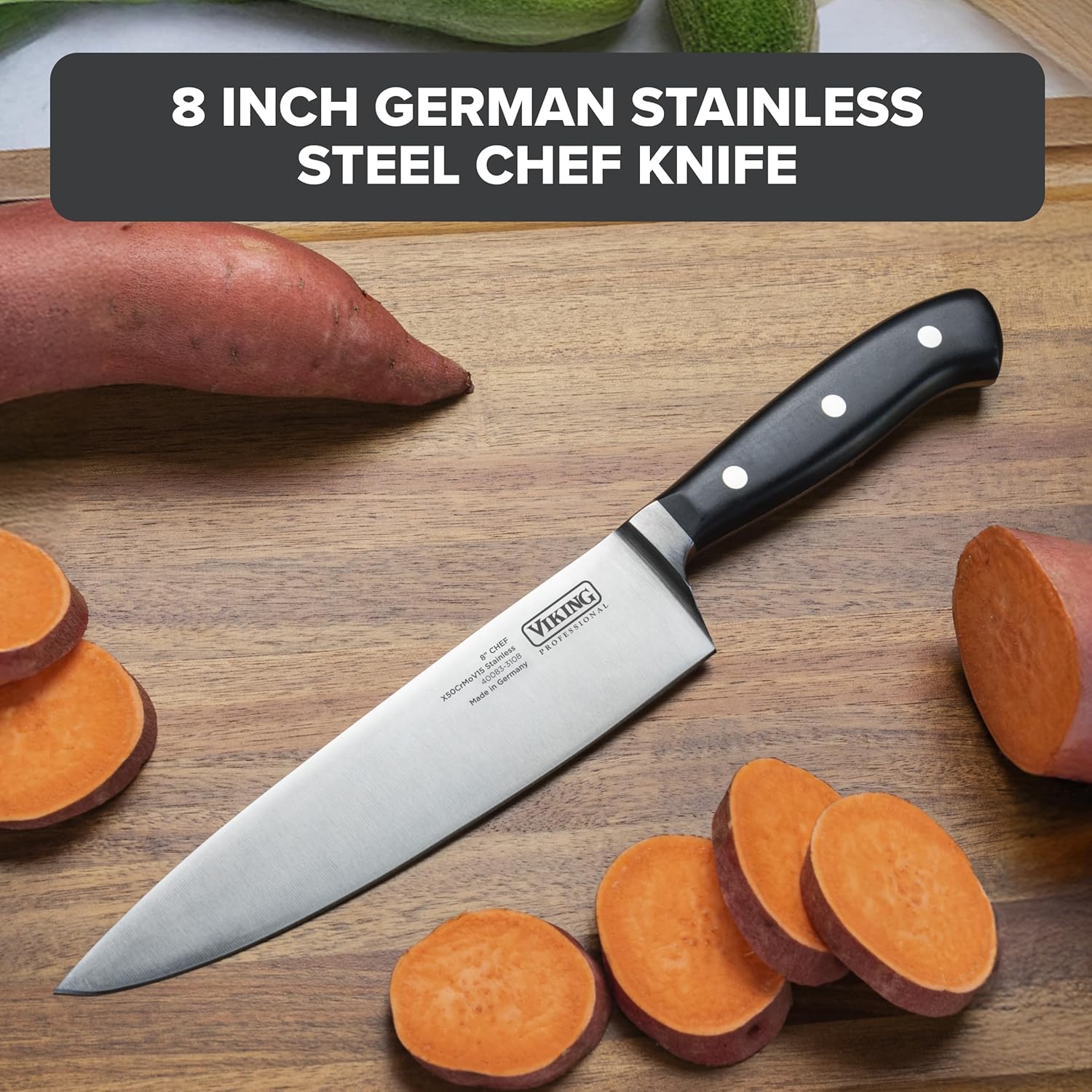 Viking 8 Inch Chef Knife, German Stainless Steel Kitchen Knife with Ergonomic Handle, Black