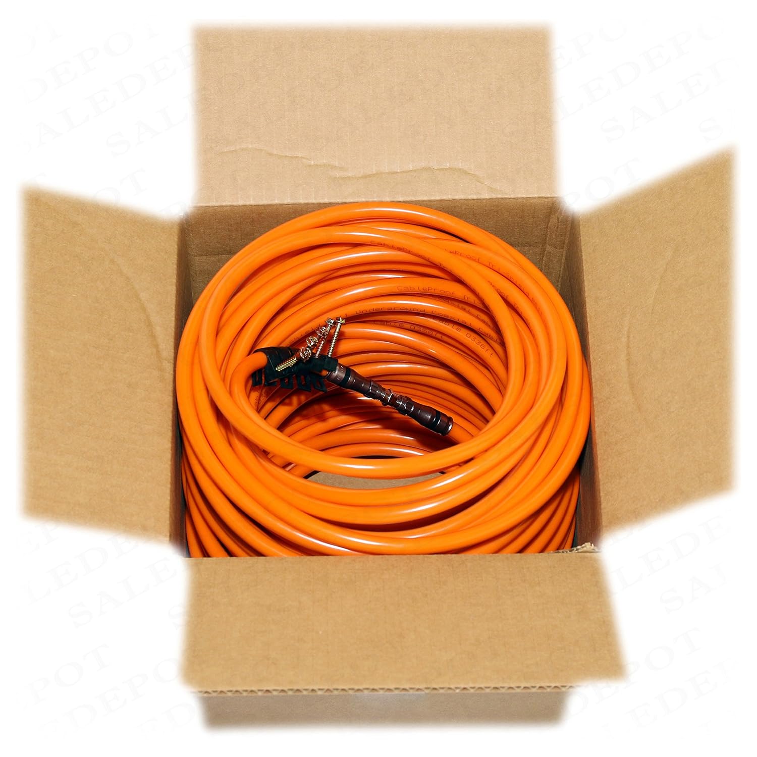 RG11 COAXIAL Cable with F Connectors on Each end - Tri-Shield Underground Coax Direct Burial Gel Coated Flooded Indoor/Outdoor Wire + Extra Barrel & 5 Screw Clips/by CableProof (100 FT, Orange)