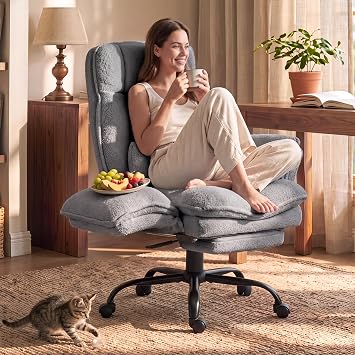 Wider Seat Office Chair with Flip Armrests for Criss Cross Legged&Cats, Big and Tall Executive Ergonomic Reclining Chair with Footrest&Lumbar Pillow, Teddy Fleece Desk Chair,Grey Vanity Chair