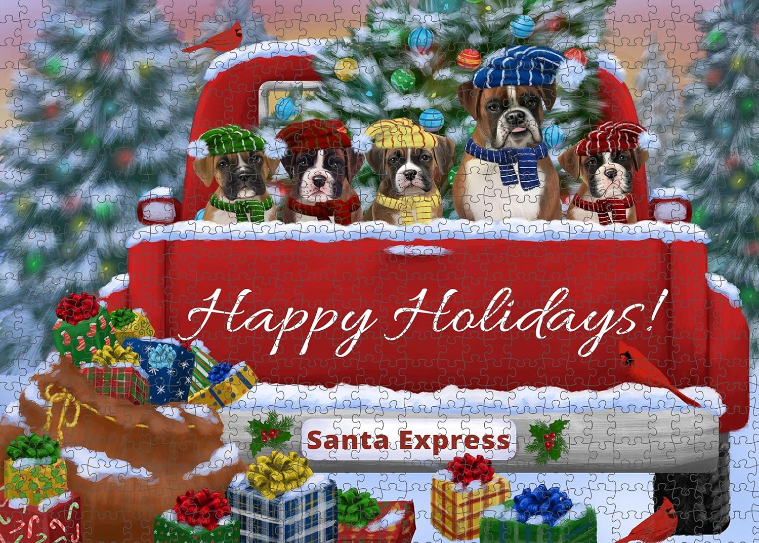 Christmas Red Truck Travlin Home for The Holidays Boxer Dogs Jigsaw Puzzle for Adults - Animal Printed Interlocking Puzzle Gift for Dog Lover's - 1000 Pcs 29.5"x19.7"