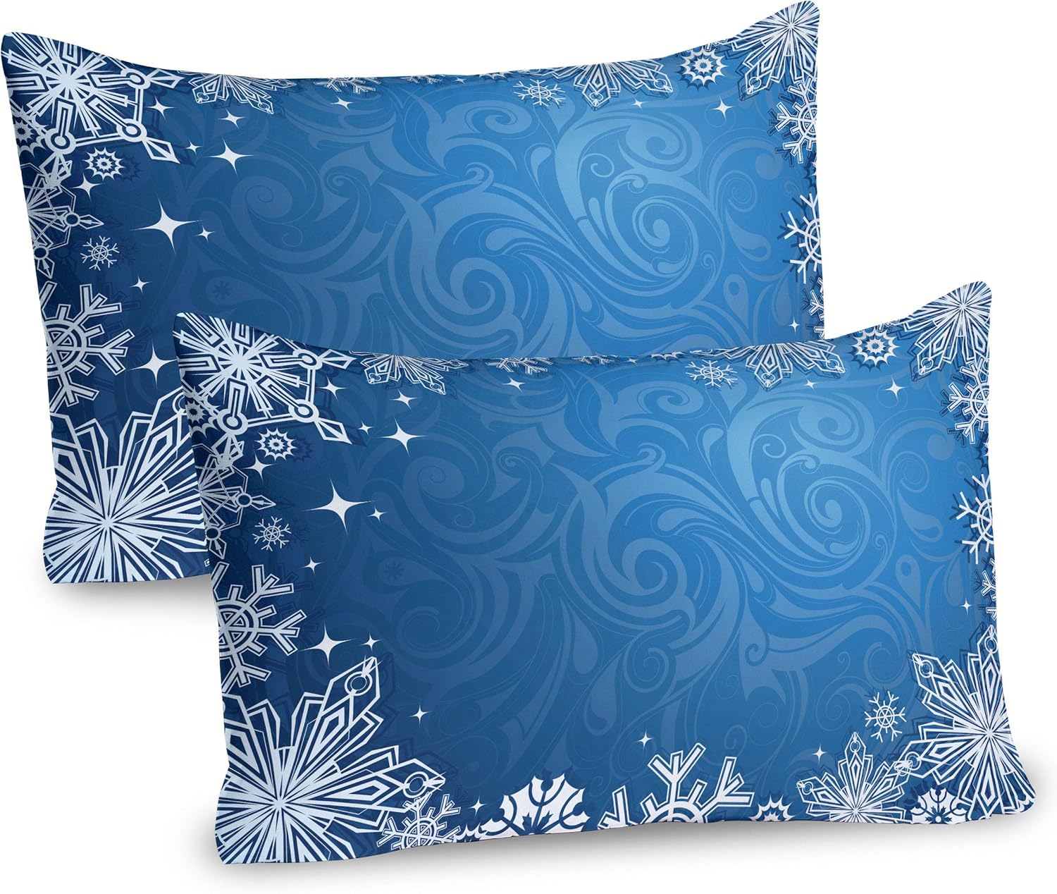 Lunarable Snowflake Pillow Sham Set of 2, Christmas Season Frame with Swirled Background Abstract Symmetrical Elements, Quality Microfiber Bedding Item for All Seasons, 26" x 20", White Blue