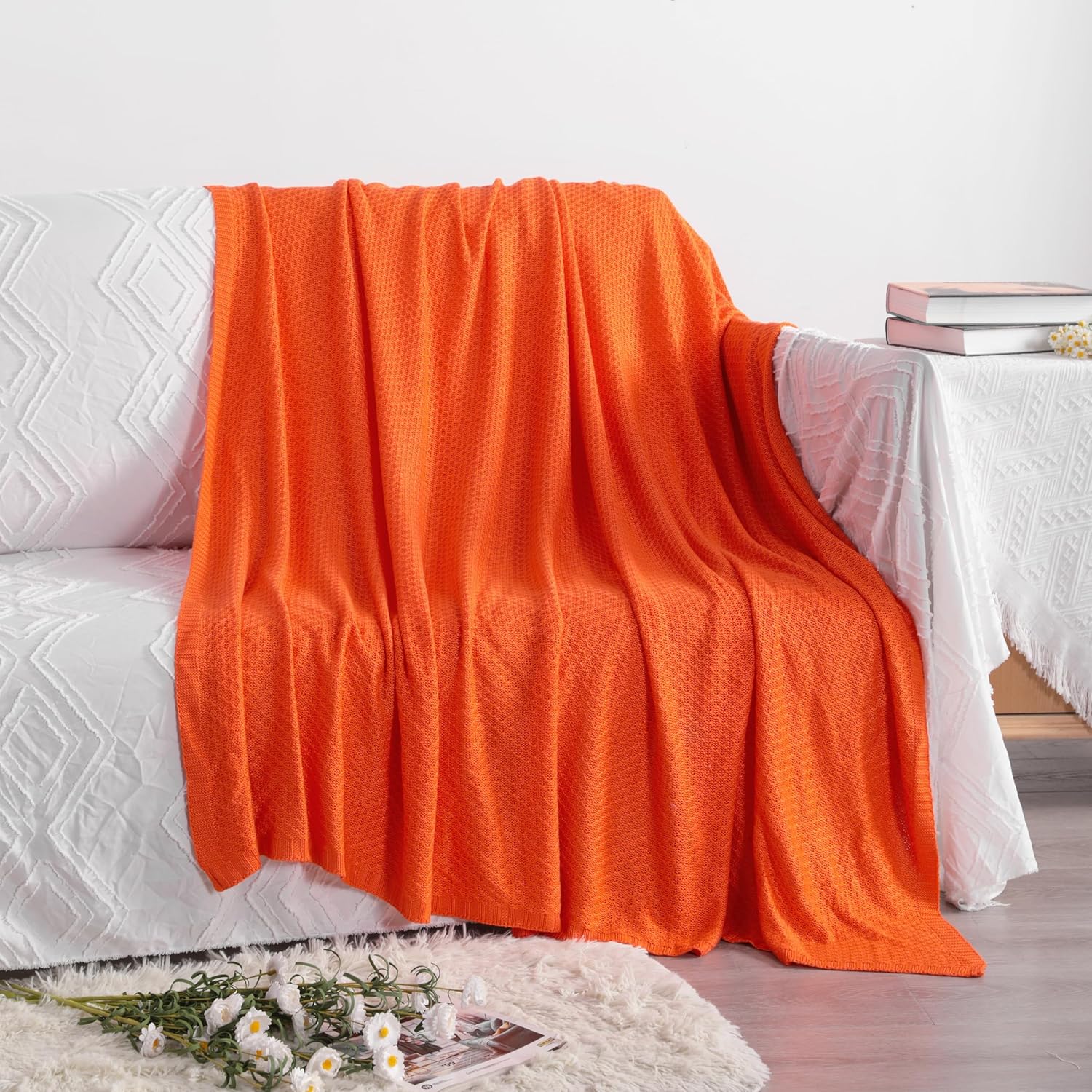 NTBAY Cooling Cable Knit Throw Blanket, Soft and Breathable Throw Blanket 51x67 Inches Made from Rayon Derived from Bamboo for Couch, Sofa, Nap, Orange - Image 2