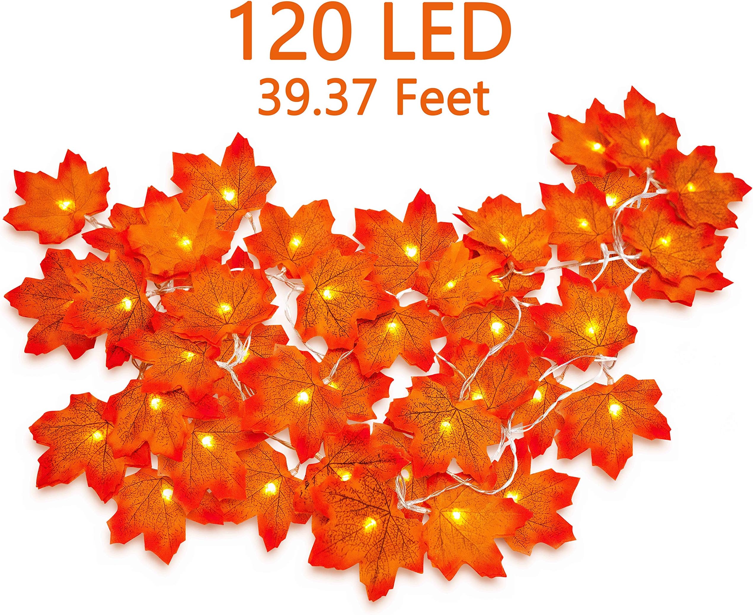 4 Packs Fall Maple Leaves Lighted Garland Decor- Thanksgiving String Lights Decorations 39.37Ft/120LED Autumn Halloween Party Ornament ( Batteries Not Included)