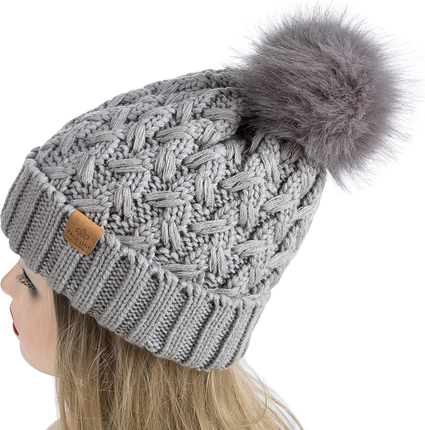 Condition photo showing Brand New for page one womens winter ribbed beanie crossed cap chunky cable knit pompom soft warm hat one size light gray