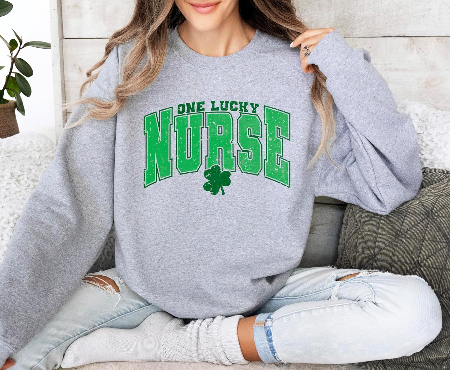 Olive Loves Apple One Lucky Nurse St Patrick's Day Sweatshirt for Women Distressed St Paddy's Day Clover Sweater