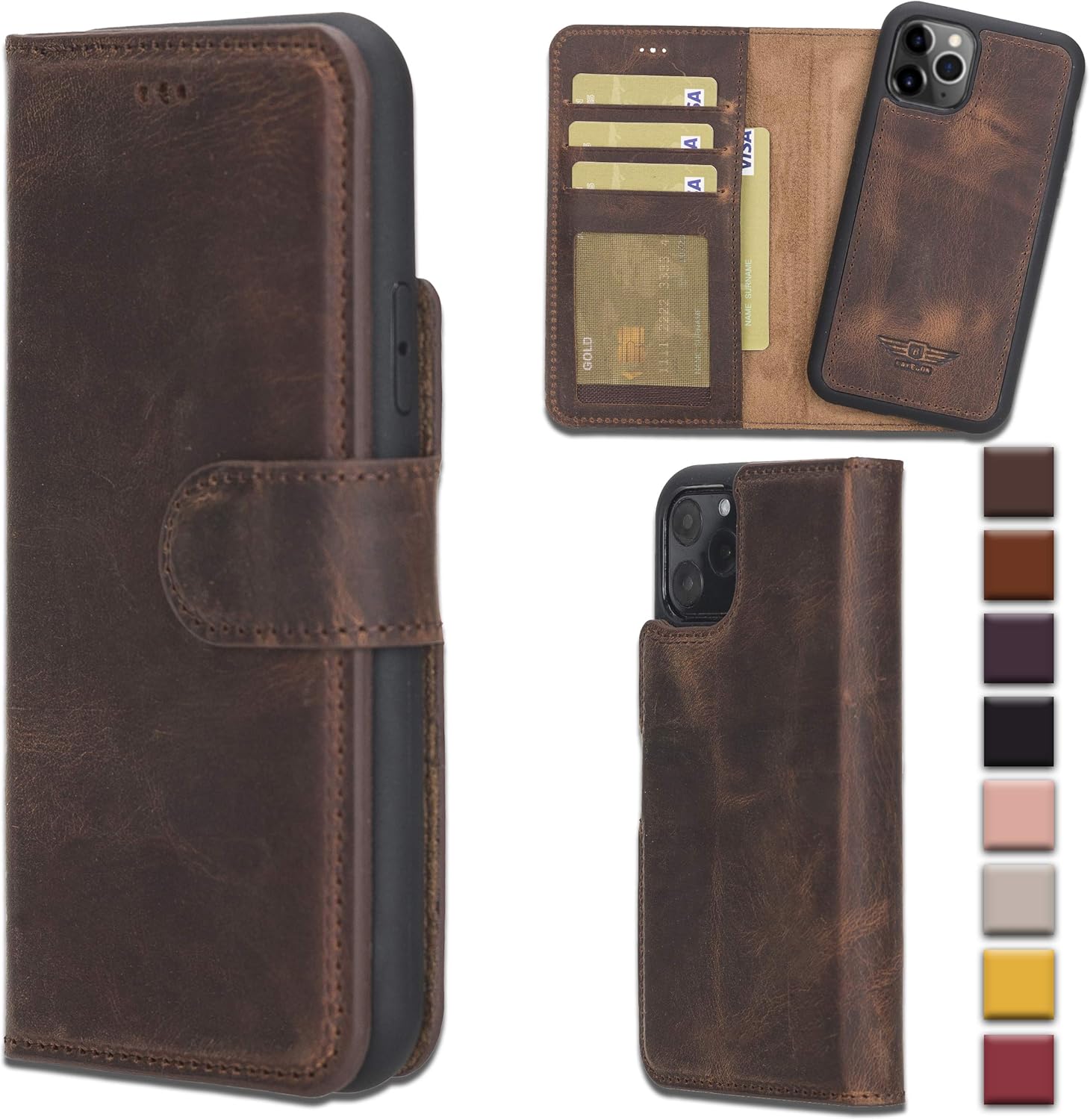 Up To 40% OFF Bayelon Full Grain Leather Wallet Case for iPhone 11 Pro Max 6.5 - Detachable Magnetic Flip Cover with Card Slots, Horizontal Viewing Kickstand, Durable Frame (Antique Brown)