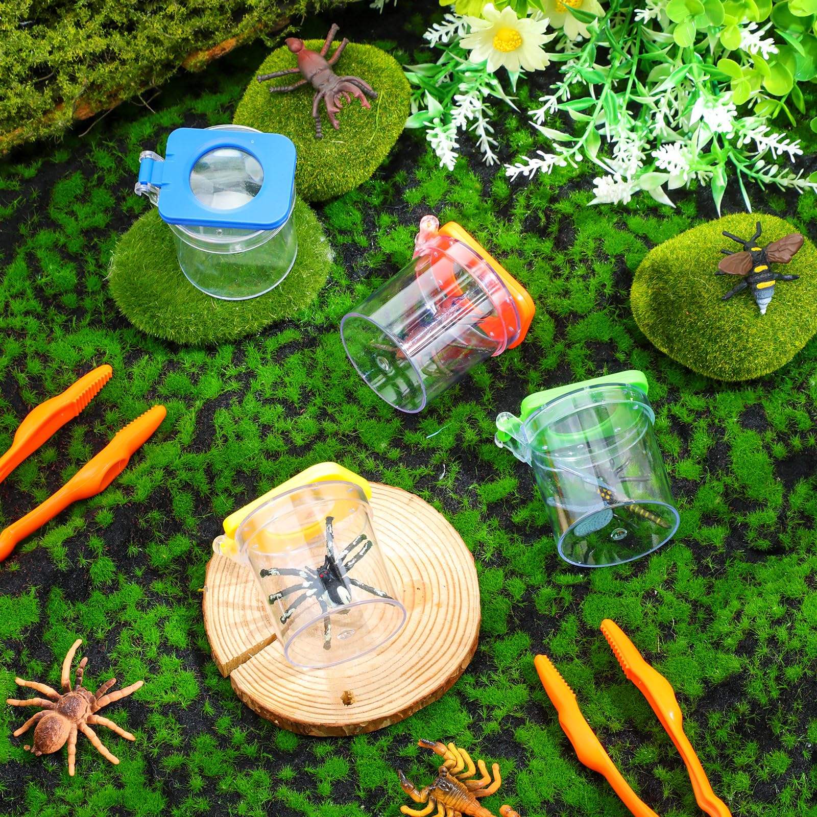 Halloscume 60 piezas de visor de insectos de inserción para niños, caja de insectos, atrapador de insectos, lupa, contenedor de colección de bichos, kit de jaula de insectos para niños, herramienta de