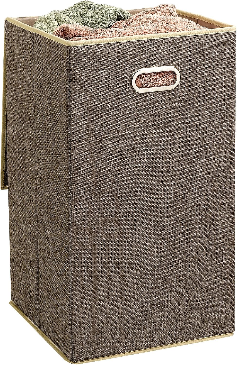 Fold Away Clothes Laundry Hamper with Lid - Appealing Coffee Color, 2 Load Capacity, Moisture-Resistant Liner, 2 Inset Handles for Easy Carrying and Attached lid with Magnetic Flap.