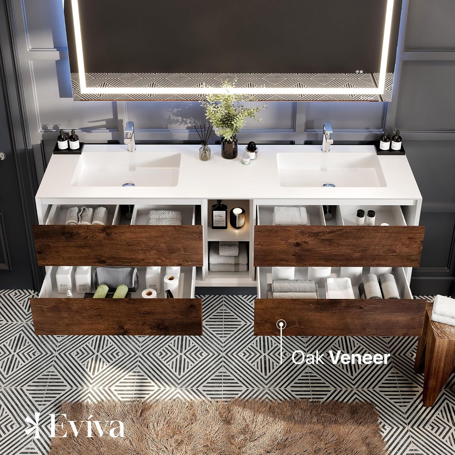 Eviva Vienna 75 in. Rosewood Wall Mount Double Sink Bath Vanity with Acrylic Top and Integrated Sinks
