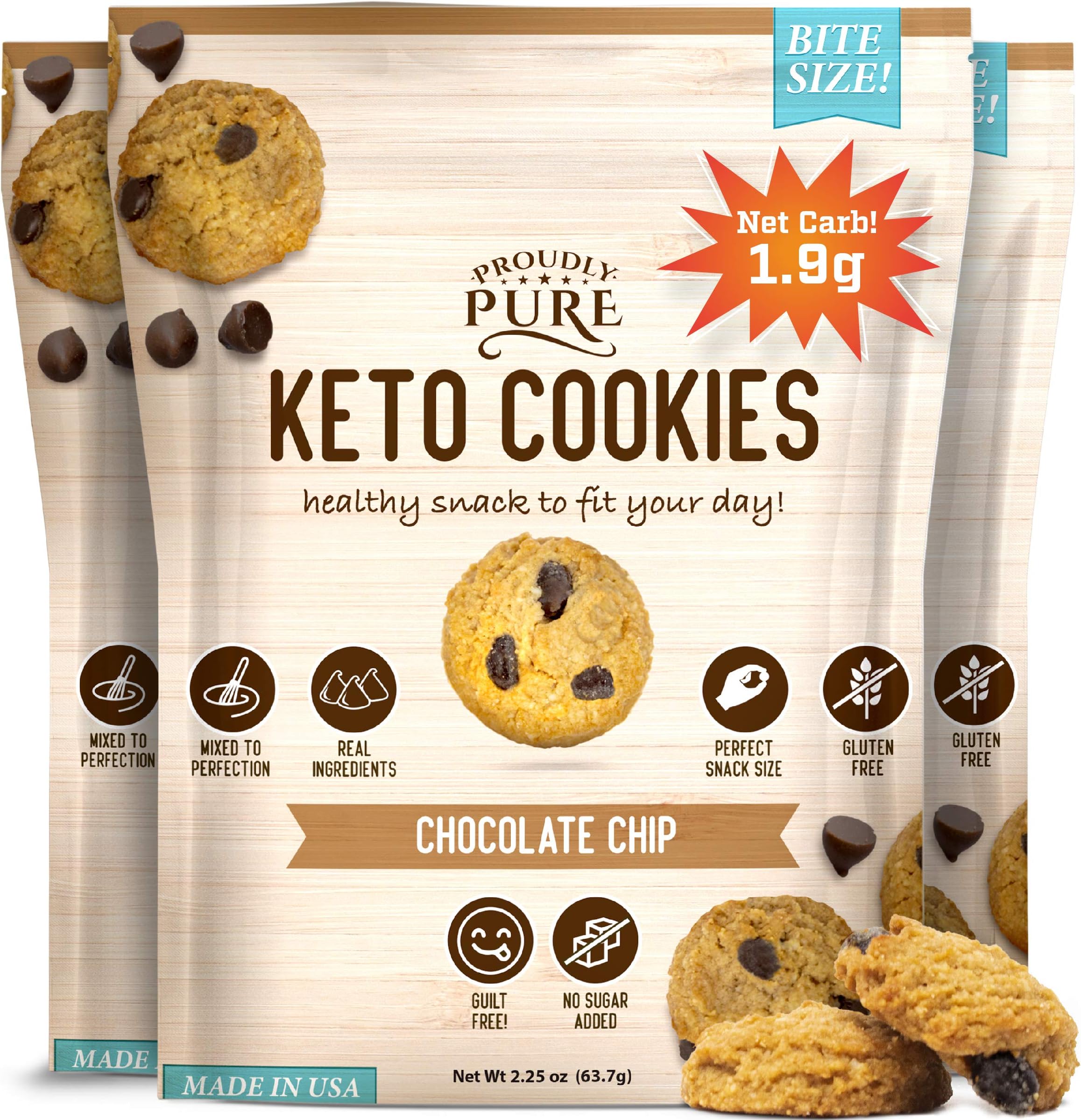 Proudly Pure Mini Bite Size On the Go 3 Pack Keto Cookie Chocolate Chip Snacks - Healthy Low Carb, Diet Friendly, Tasty and Delicious Gluten Free Food Treats Made With Real All Natural Ingredients