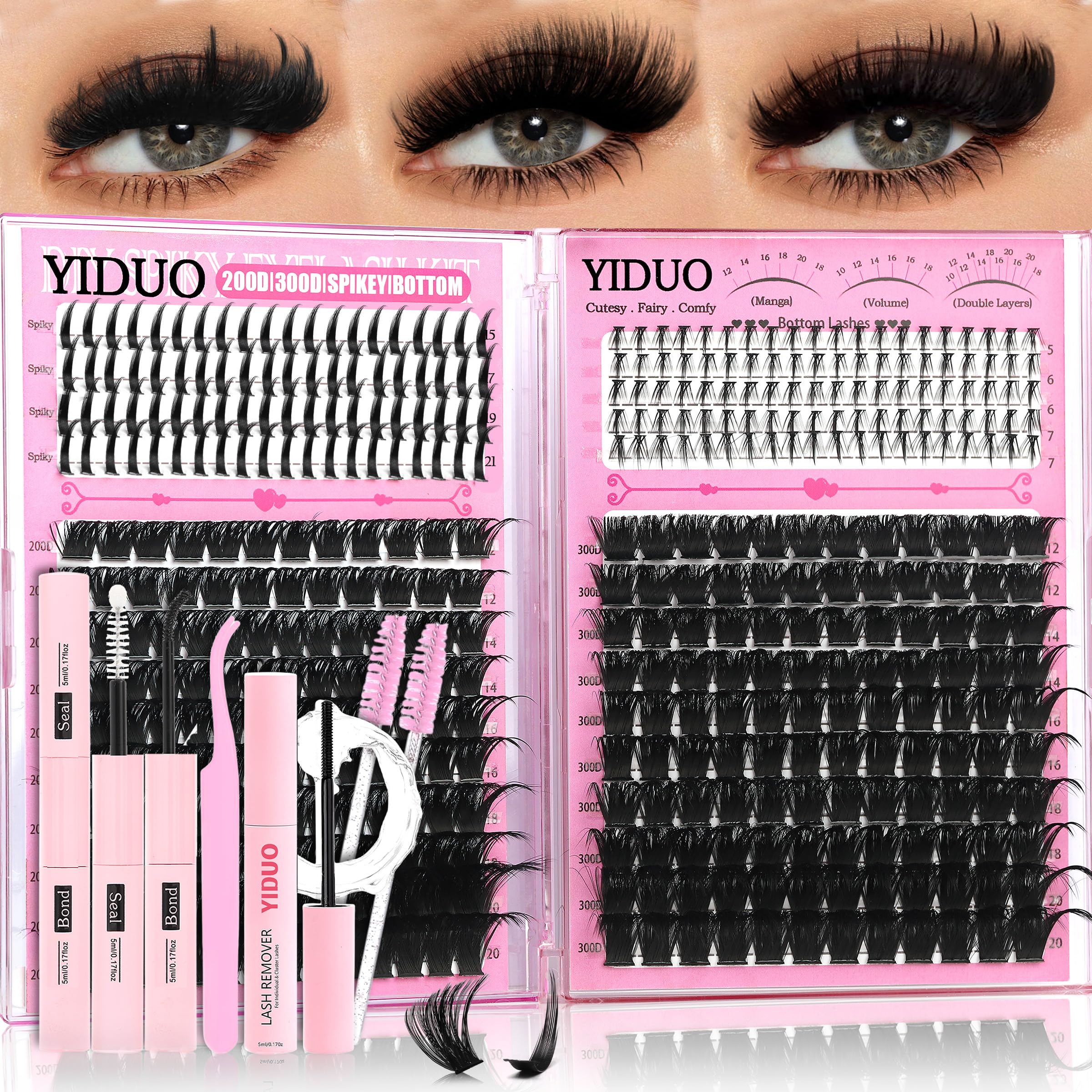YIDUO 300D Lash Clusters Kit with 4 styles, tweezers, bond and seal, and tools