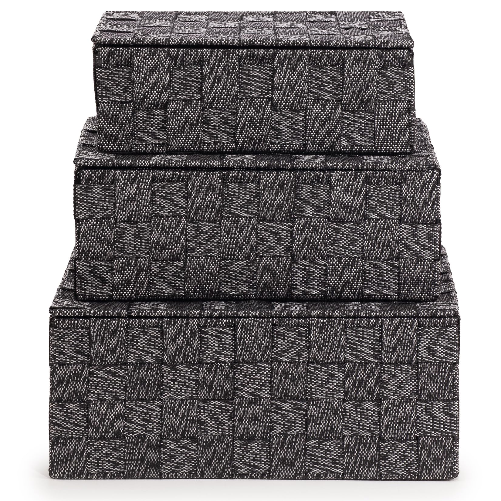 Ehc Set Of 3 Lidded Basket - Black Set Of 3 Woven Nestable Storage Box With Lid, Lightweight Woven Basket For Shelves, Lidded Organiser Hamper Baskets - Black
