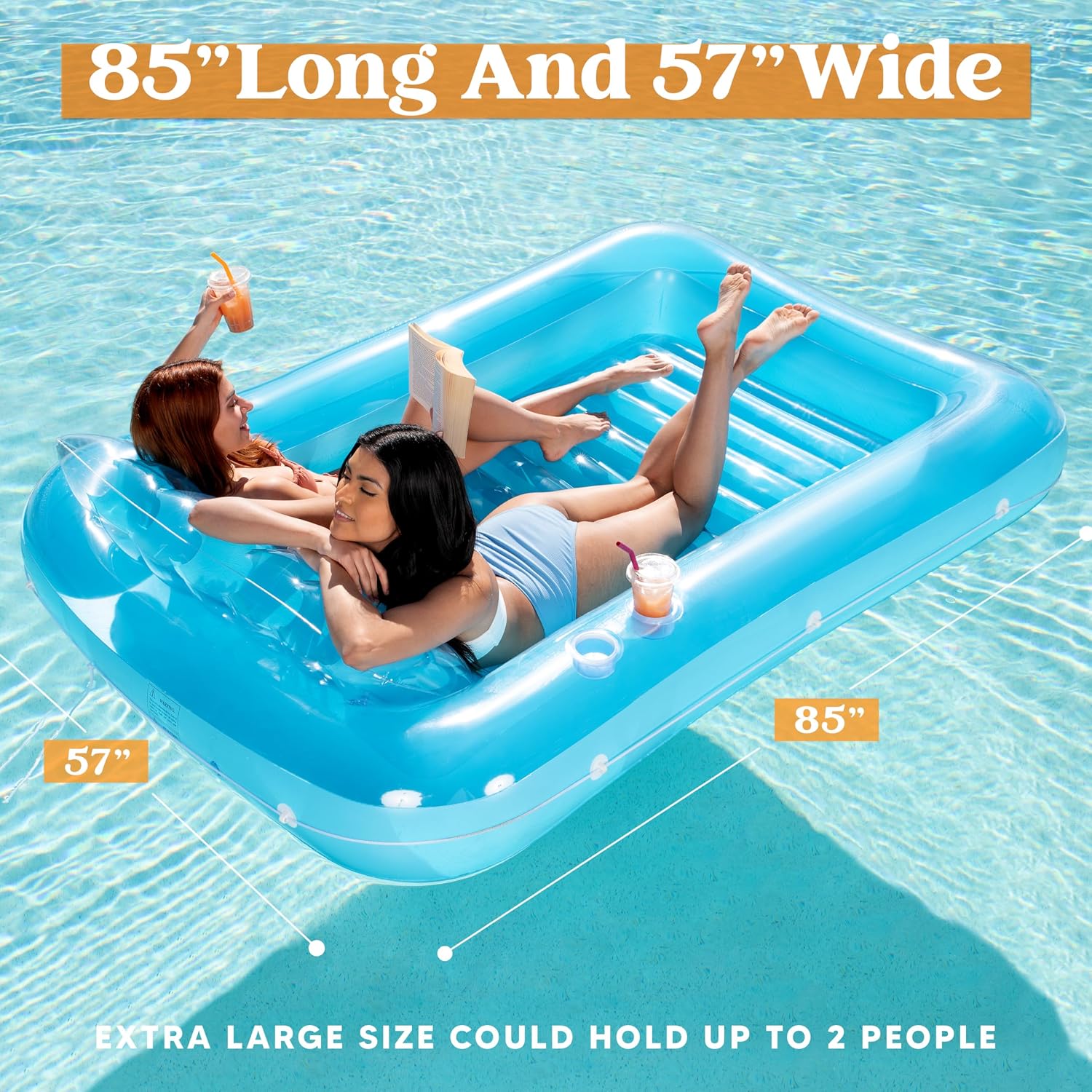 SLOOSH Inflatable Tanning Pool & Electric Air Pump Set –85"x57" Sun Lounger with Pillow, 2 Cup Holders, Grab Rope & Fast-Fill Pump for Pool, Beach,Blue image 2