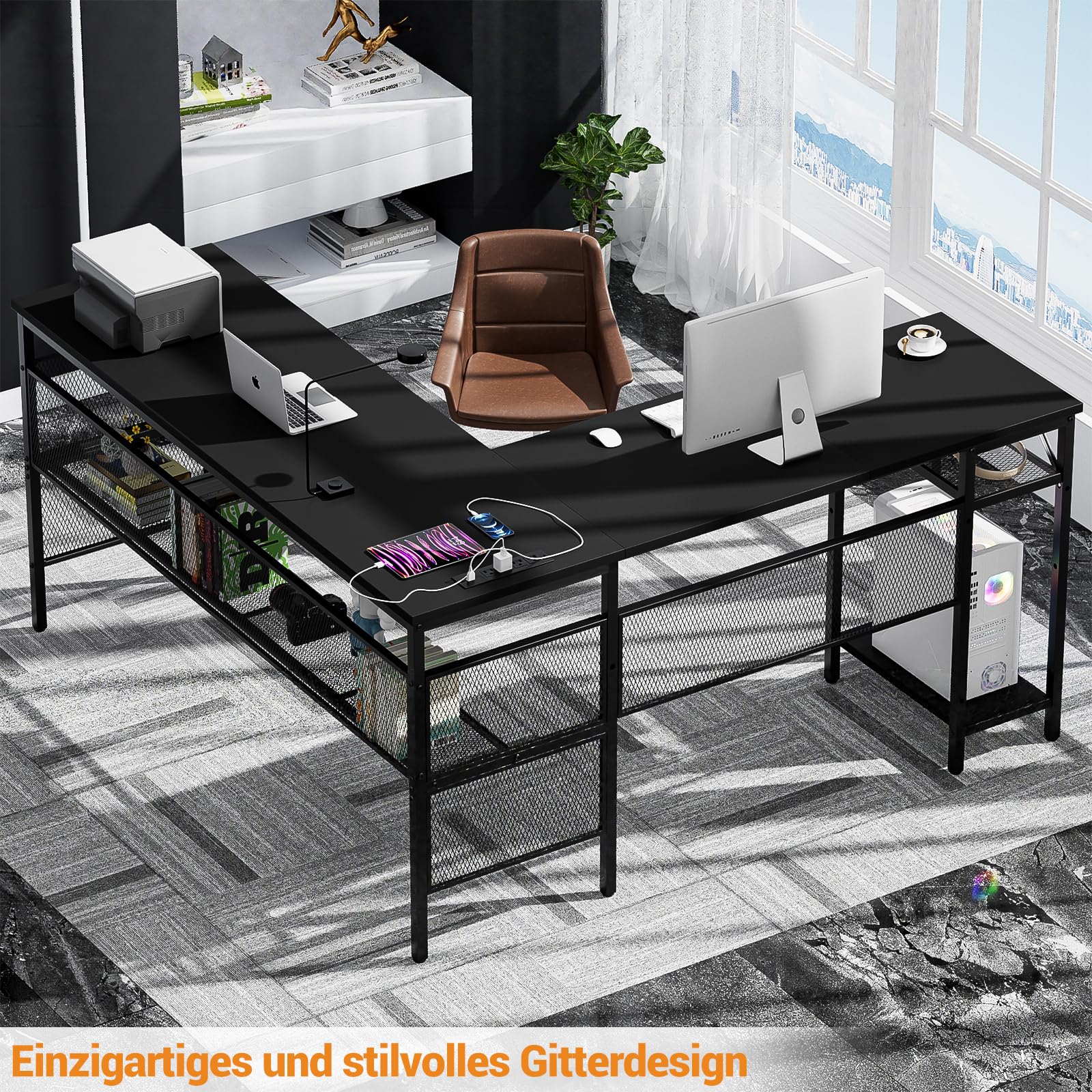iSunirm L-förmiger Gaming-Schreibtisch, 141x117x76 cm, Computertisch mit Ablagefach, Büroschreibtisch mit umkehrbarem Ecktisch für Studium, Spielen, Homeoffice,Schwarz