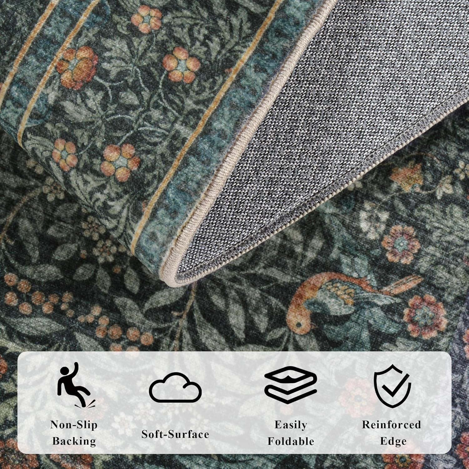 5x7 Floral Washable Area Rug for Living Room, Vintage Boho Large Rug for Bedroom Dining Room, Distressed Botanical Birds Non Slip Low Pile Forest Animal Throw Carpet for Farmhouse Office, Dark Green - Image 6