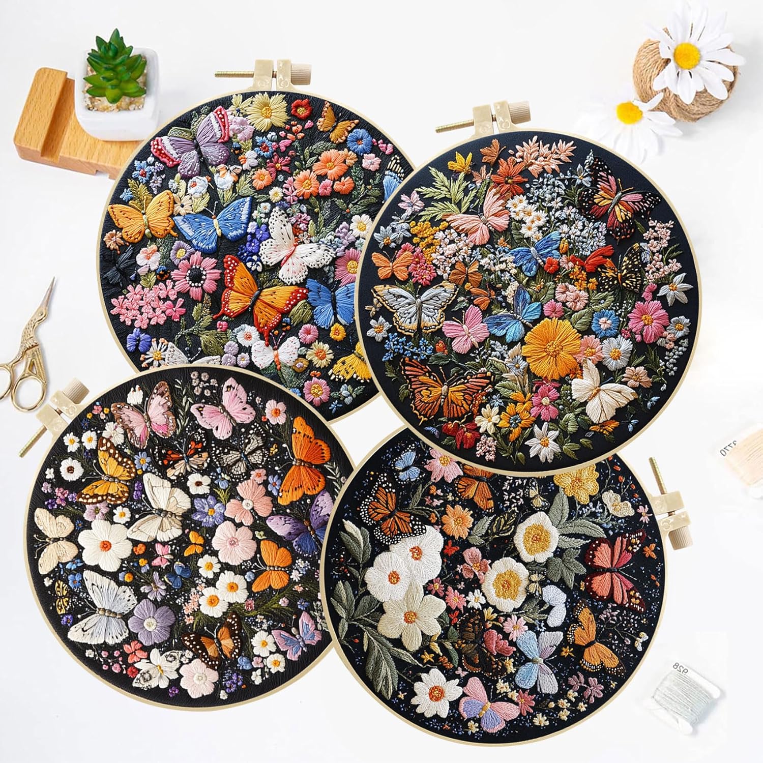 LB 4 Pack Colorful Floral Embroidery Kit for Beginners Nature Butterfly Beginner Embroidery Kit for Adults DIY Starter Kit with Embroidery Hoop Colorful Threads Tools Step by Step Instructions