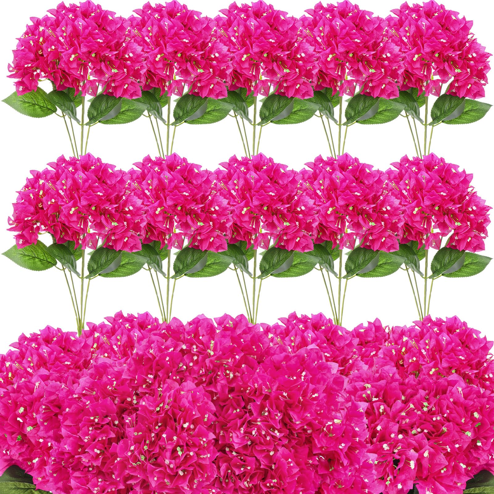 10 Pcs Artificial Flowers Bougainvillea Bush Faux Floral No Fade Faux Silk Bougainvillea Indoor Outdoor Fake Flowers for Garden Porch Wedding Centerpieces Home DIY Decor(Fuchsia)