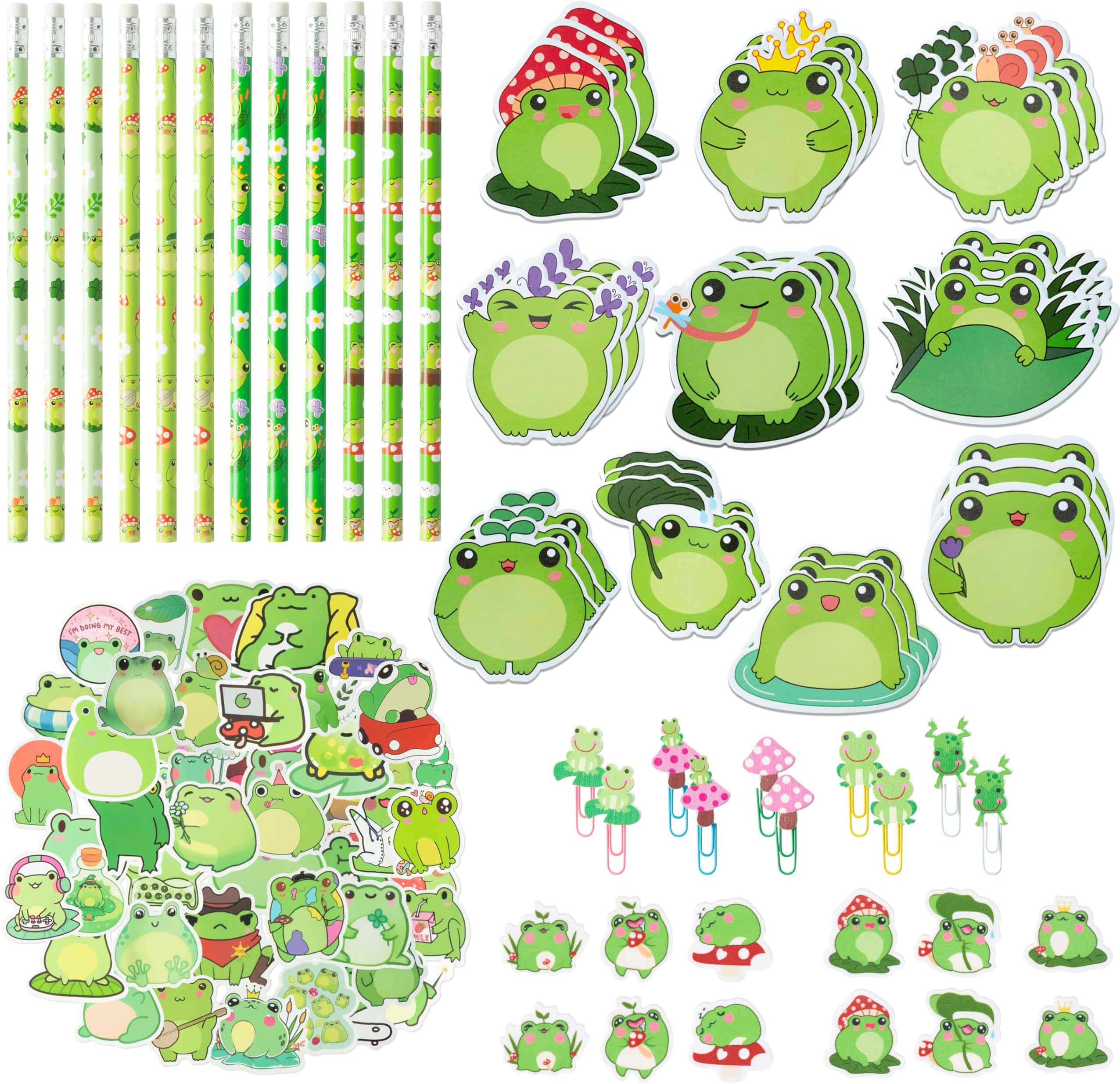 Xqumoi 114Pcs Frog Stationery and School Supplies Set - Cute Summer Frog Sticky Notes, Paper Clip Bookmarks, Frog Decal Sticker and Pencils, Assorted Mini Erasers, Back to School Gift for Kids