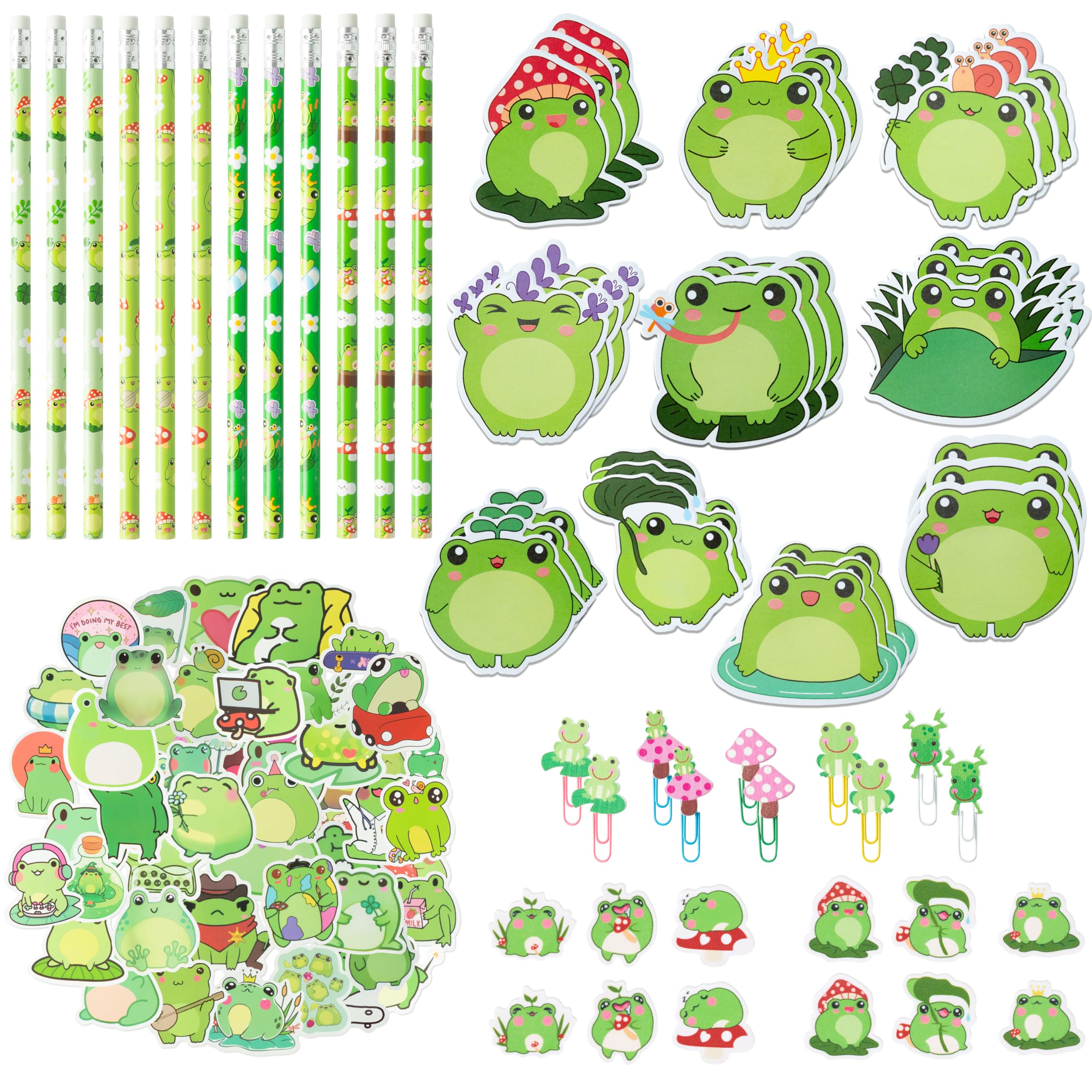114Pcs Frog Stationery and School Supplies Set - Cute Summer Frog Sticky Notes, Paper Clip Bookmarks, Frog Decal Sticker and Pencils, Assorted Mini Erasers, Back to School Gift for Kids