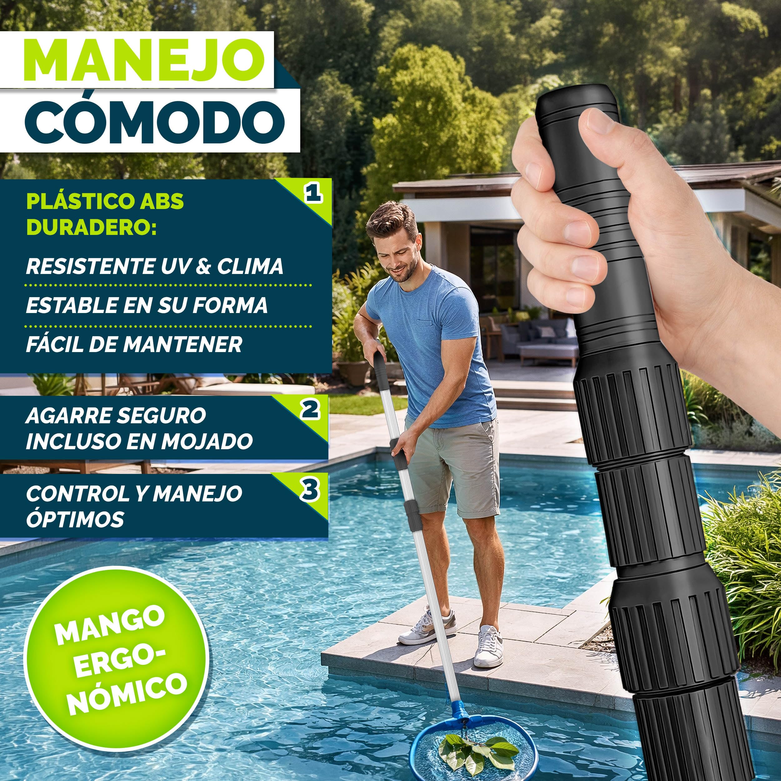 tillvex Barra telescópica para Piscina 1,20-3,60 m, Barra de Piscina de Aluminio, Barra para Limpieza de Piscinas, 3 Piezas