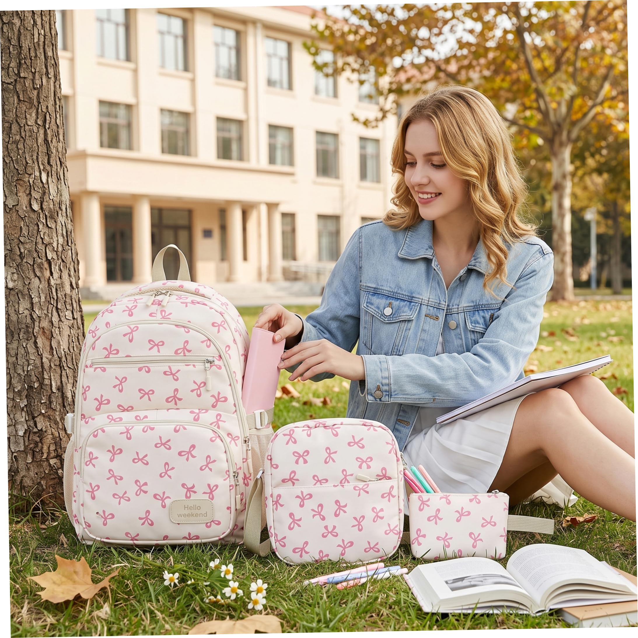 Borsa con fiocco per ragazze, set di borse leggere da 3 pezzi, bianco