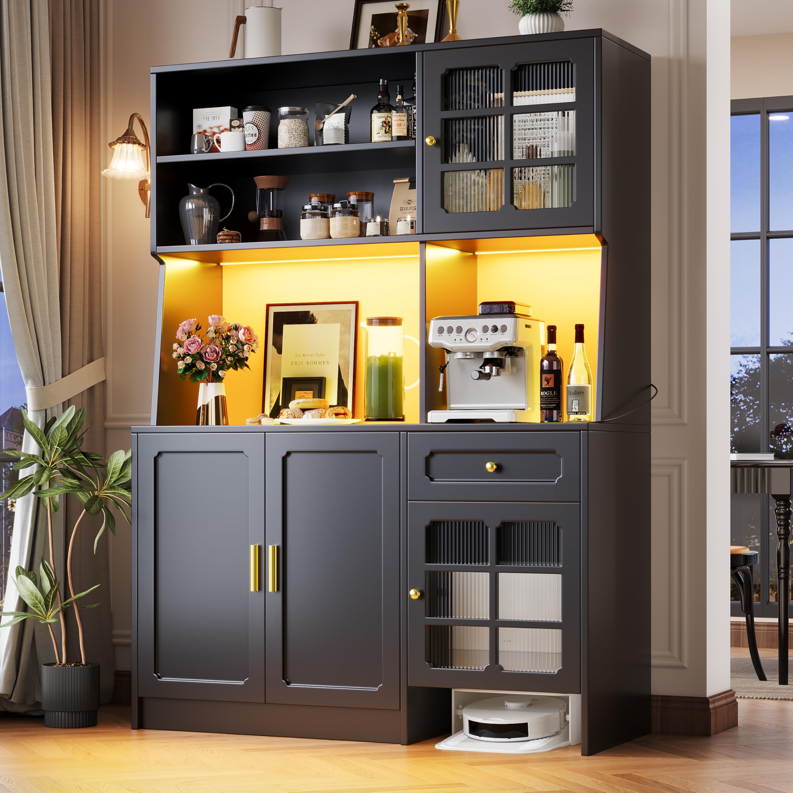 Kebnor Mobile alto da cucina, credenza, armadio da cucina con ante in vetro e illuminazione a LED, nero (130 x 45 x 180 cm)