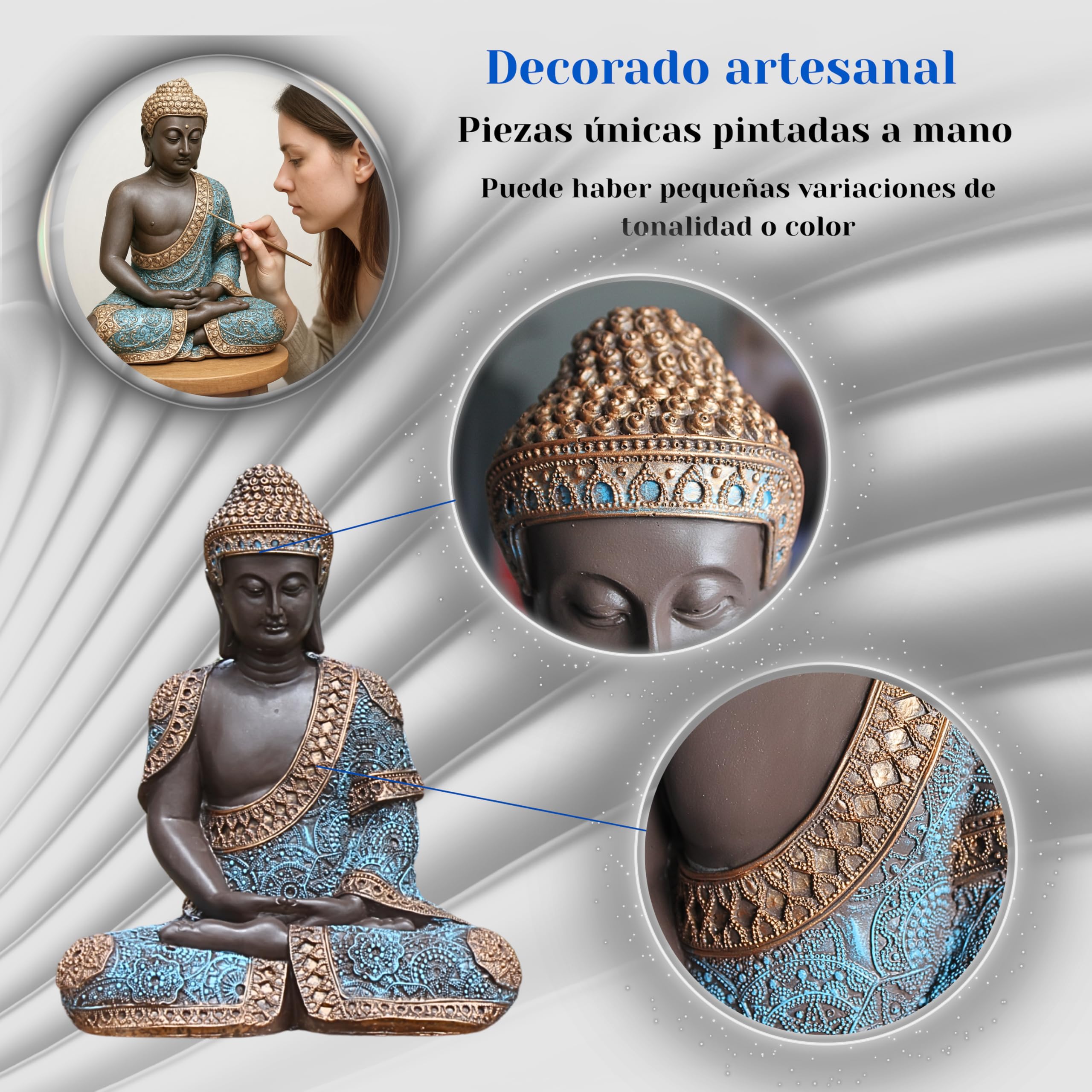 Buda de la Suerte, 41 cm (Celeste) – Budas Decorativos Grandes de Piedra Artificial para Decoracion Jardin Exterior, Figuras Jardin Exterior y Estatuas Decorativas Grandes.