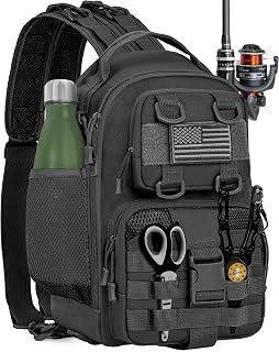 GMAK Fishing Backpack Tackle Sling Bag, Tactical Fishing Tackle Backpack with Rod & Gear Holder, Lightweight Outdoor Water-Resistant Tackle Gear Pack Shoulder Bags for Men Women, Black
