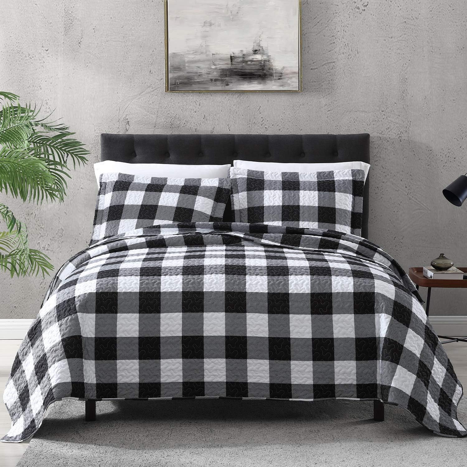 EXQ HomeQuilt Set Full/Queen Size 3 Piece,Lightweight Microfiber Coverlet Modern Style Black and White Squares Pattern Bedspread Set(1 Quilt,2 Pillow Shams)