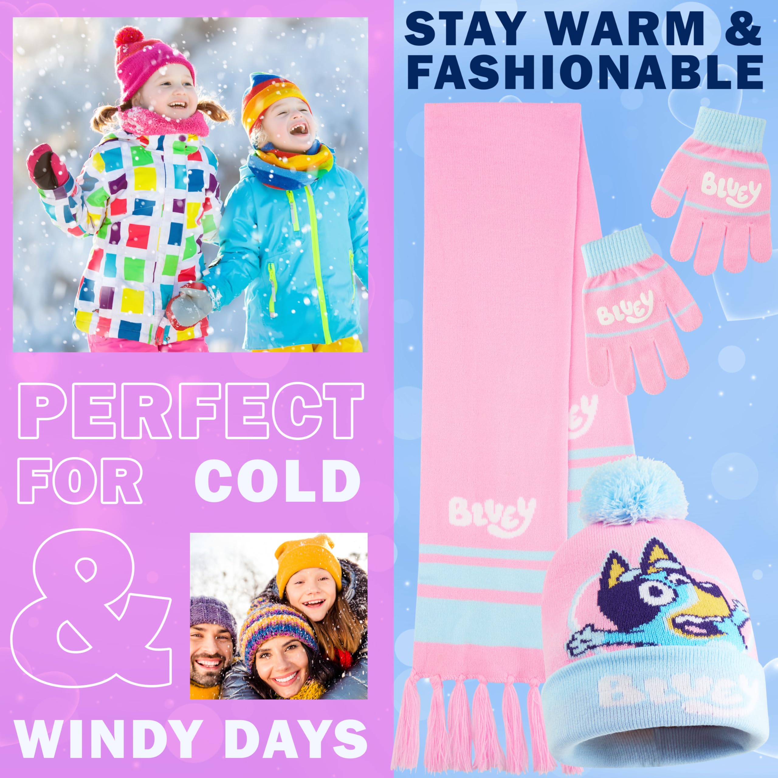 BlueY Winterset für Mädchen 3–6 Jahre, 2er- oder 3er-Set Weiche, Handschuhe und Schal, Hellblau Marineblau, Geschenkidee Kinder