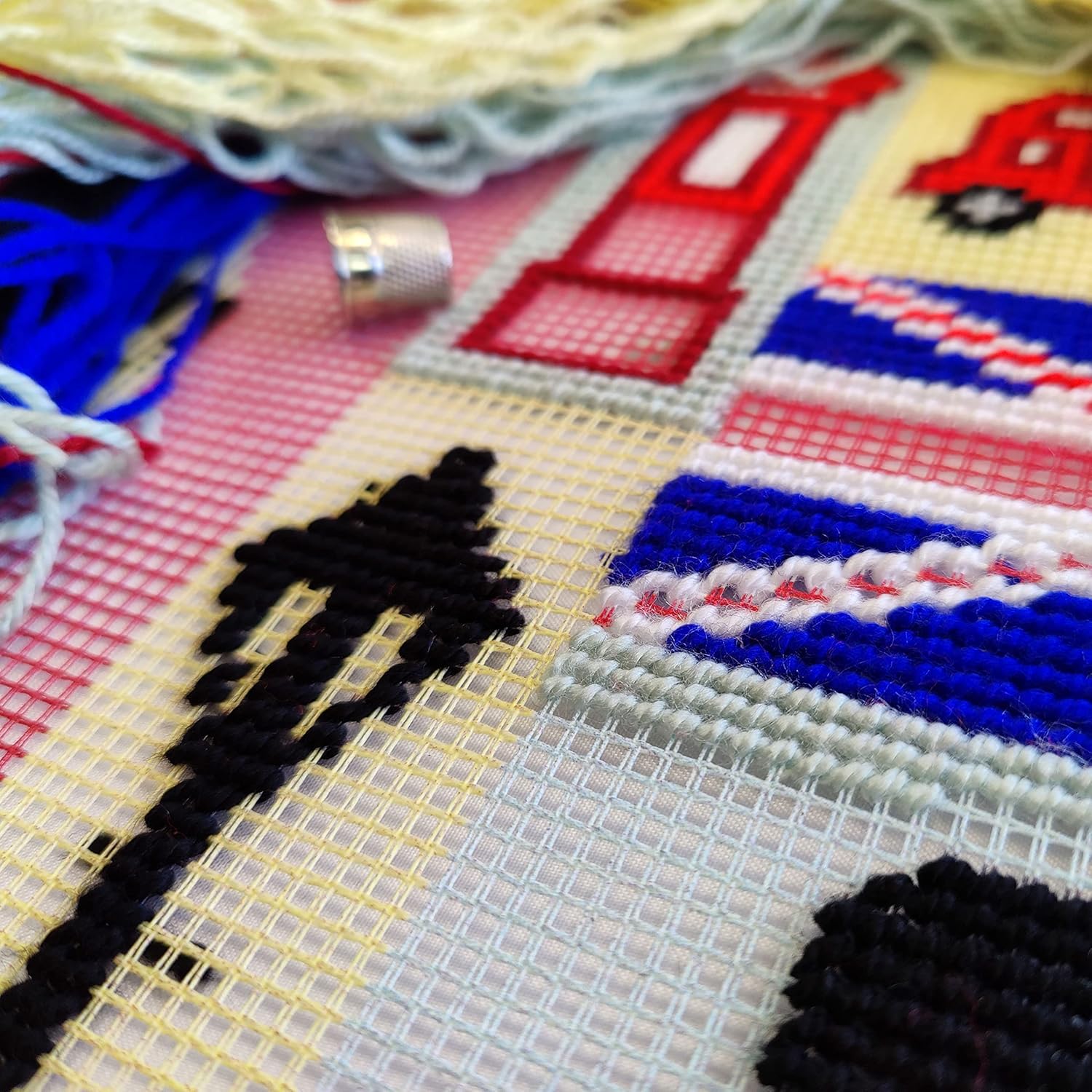 Brvsk Needlepoint Kit for Adults and Beginners — London Souvenirs 16″ × 16″ with Clear, Precise Printed Design on Cotton Canvas; Includes 2 Needles, Yarn, and Easy-Read Chart