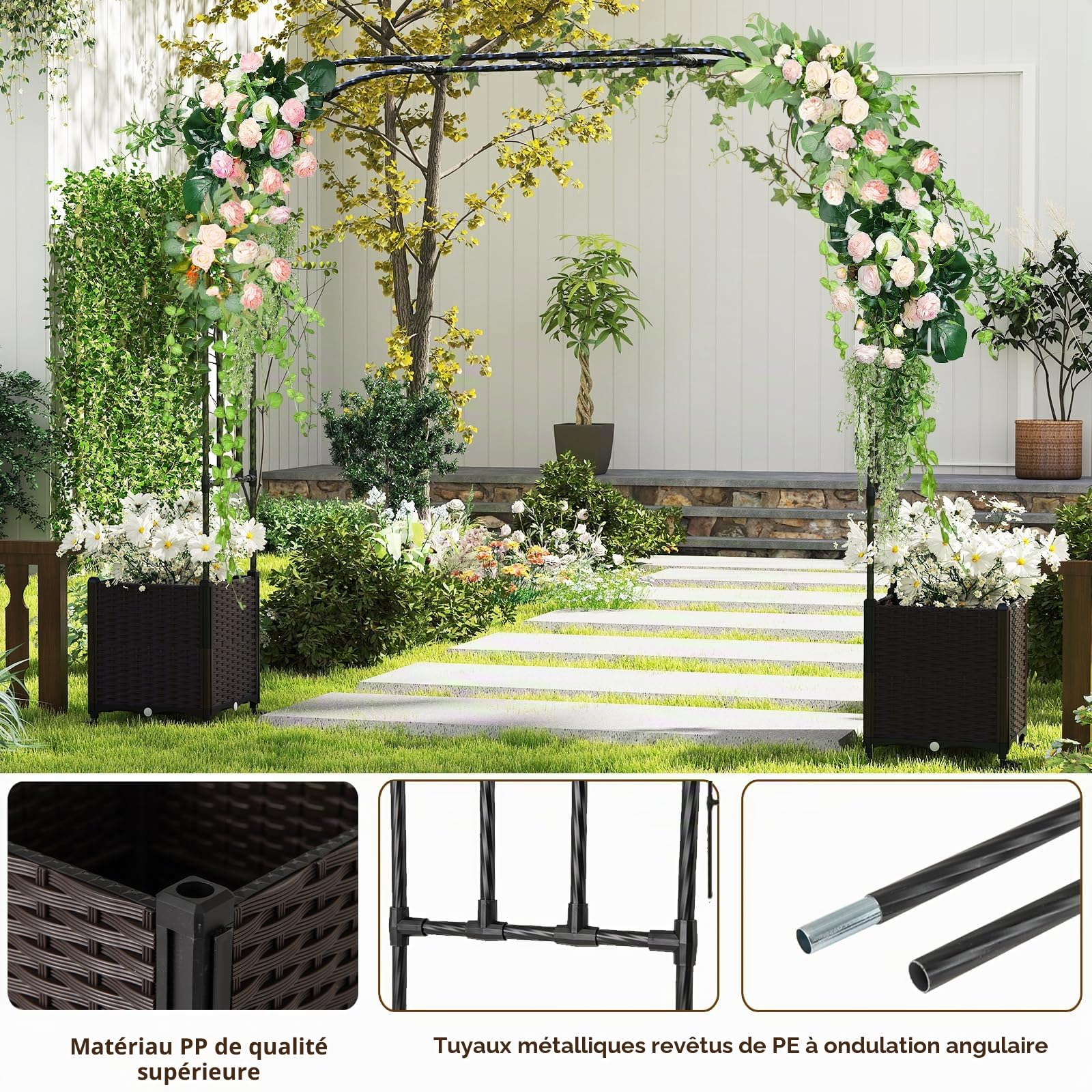 HOMASIS 2 en 1 Arche Jardin avec 2 Jardinières Mobiles, Tonnelle en Métal avec Treillis, Roues Verrouillables etTrous Drainage, Support Arche pour Plante Grimpante (288x40x202cm)