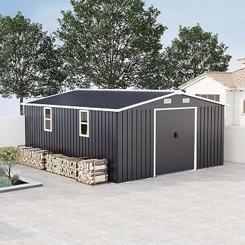 10x12ft Steel Storage Shed 0.23mm Color Steel Plate with Protective Film, Two Daylight Windows, 2 Color Options, Practical Gift for Yard & Garden, Dark Gray