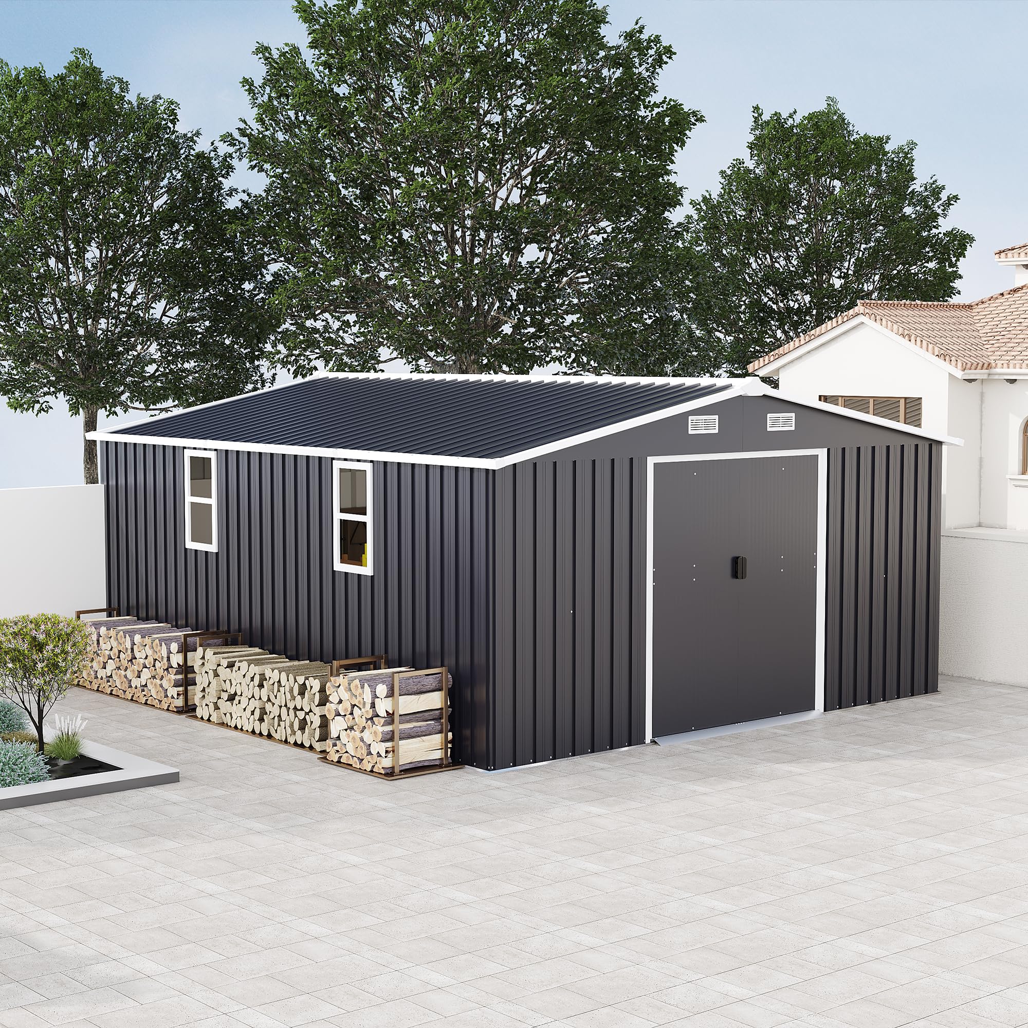 Photo 1 of KEIKI 10' x 12' Metal Garden Storage Shed with Foundation Kit, Double Door Outdoor Tool Shed with 2 Windows, Color Steel Construction, Dark Gray