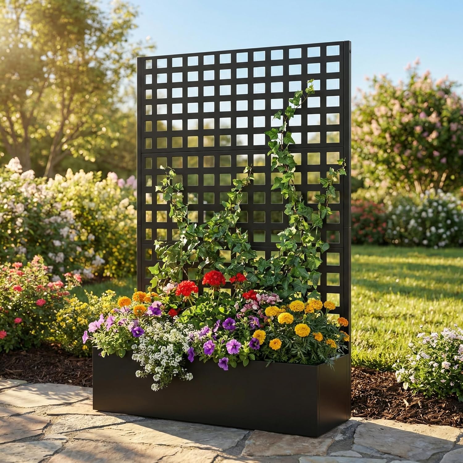 TABU Metal Planter Box with Trellis, 71"x47"x16" Galvanized Steel Raised Garden Bed with Privacy Screen, Multi-Functional Outdoor Standing Planter with Drainage Holes for Climbing Plants, Black