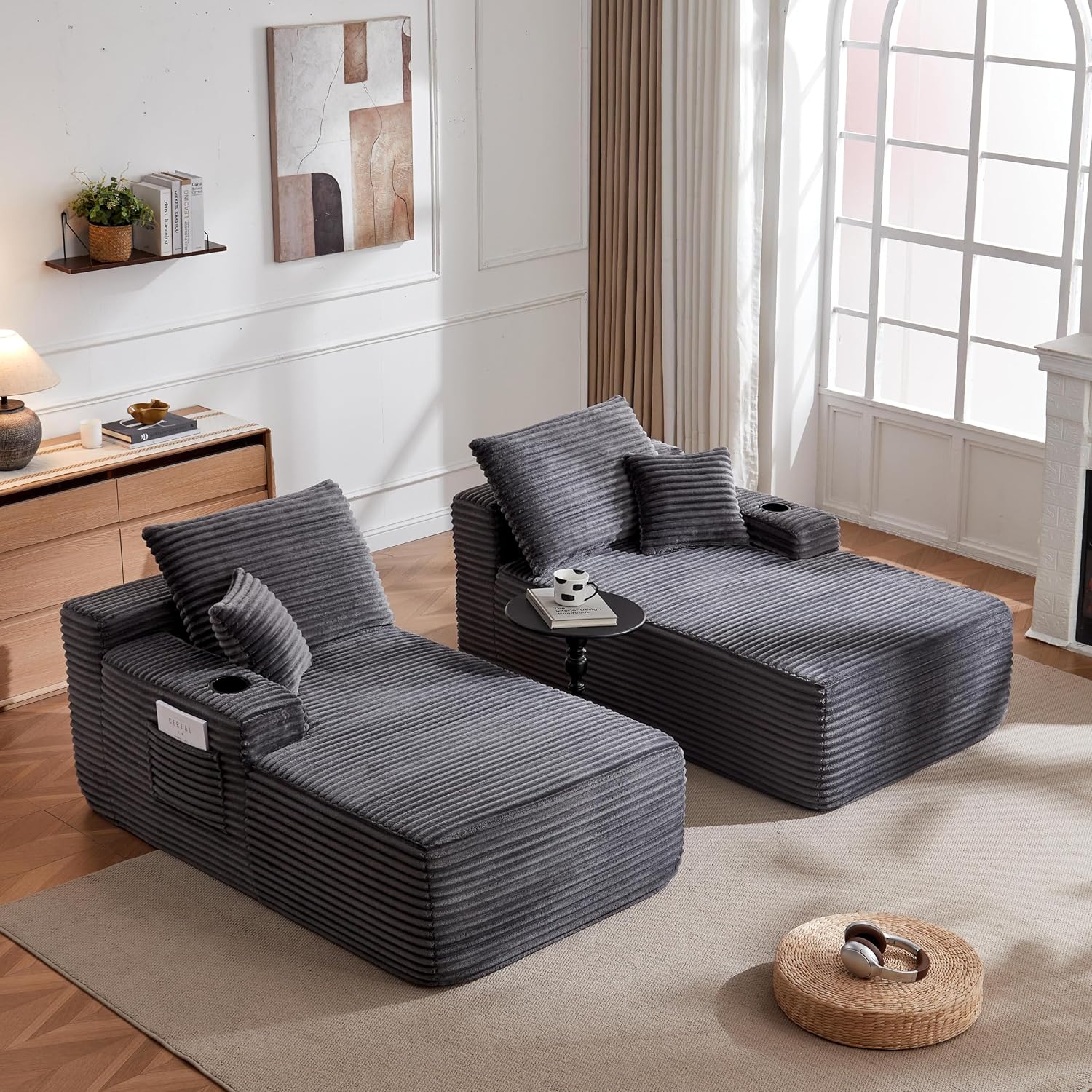 69-Inch Fluffy Corduroy Boneless Sleeper Daybed Loveseat Double Recliner Chaise Lounge Sofa Couches, Floor Cloud Sofa Chaise W/4 Pillows for Home Apartment Living Room