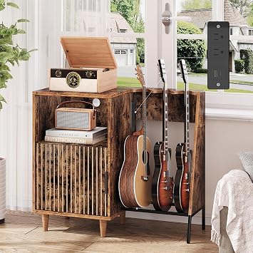 Guitar Stand with Vinyl Record Storage, Guitar Amp Stand with 3 Guitar Holder, Mid Century Music Cabinet with Built-in Outlets, Guitar Rack for Acoustic Electric Bass Guitar, Turntable and Speaker