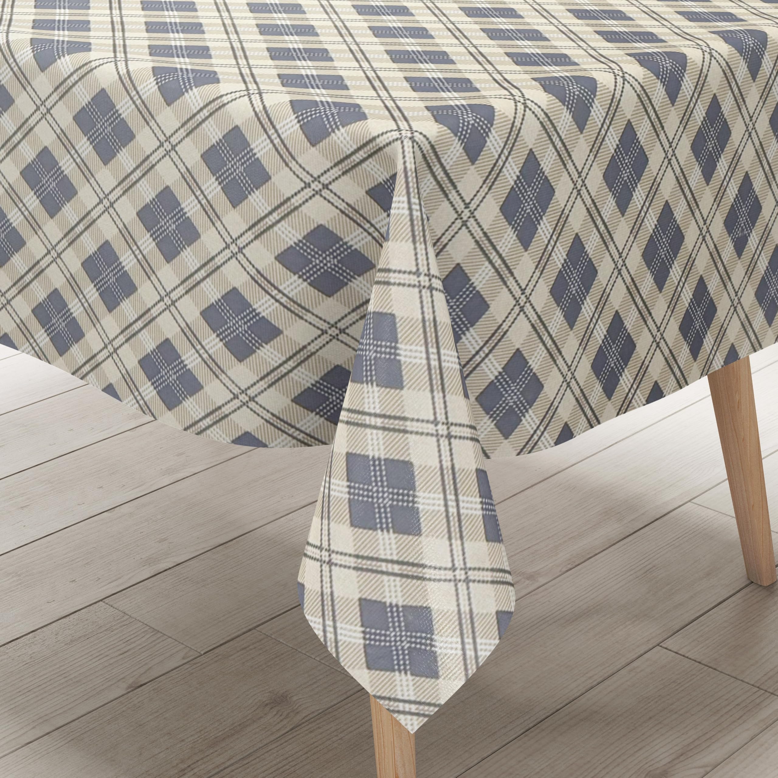 KEVKUS Wachstuch Tischdecke geprägt P1202-4 beige hellblau Raute Karo wählbar in eckig, rund und oval - Größe oval 140x220cm mit Paspelband