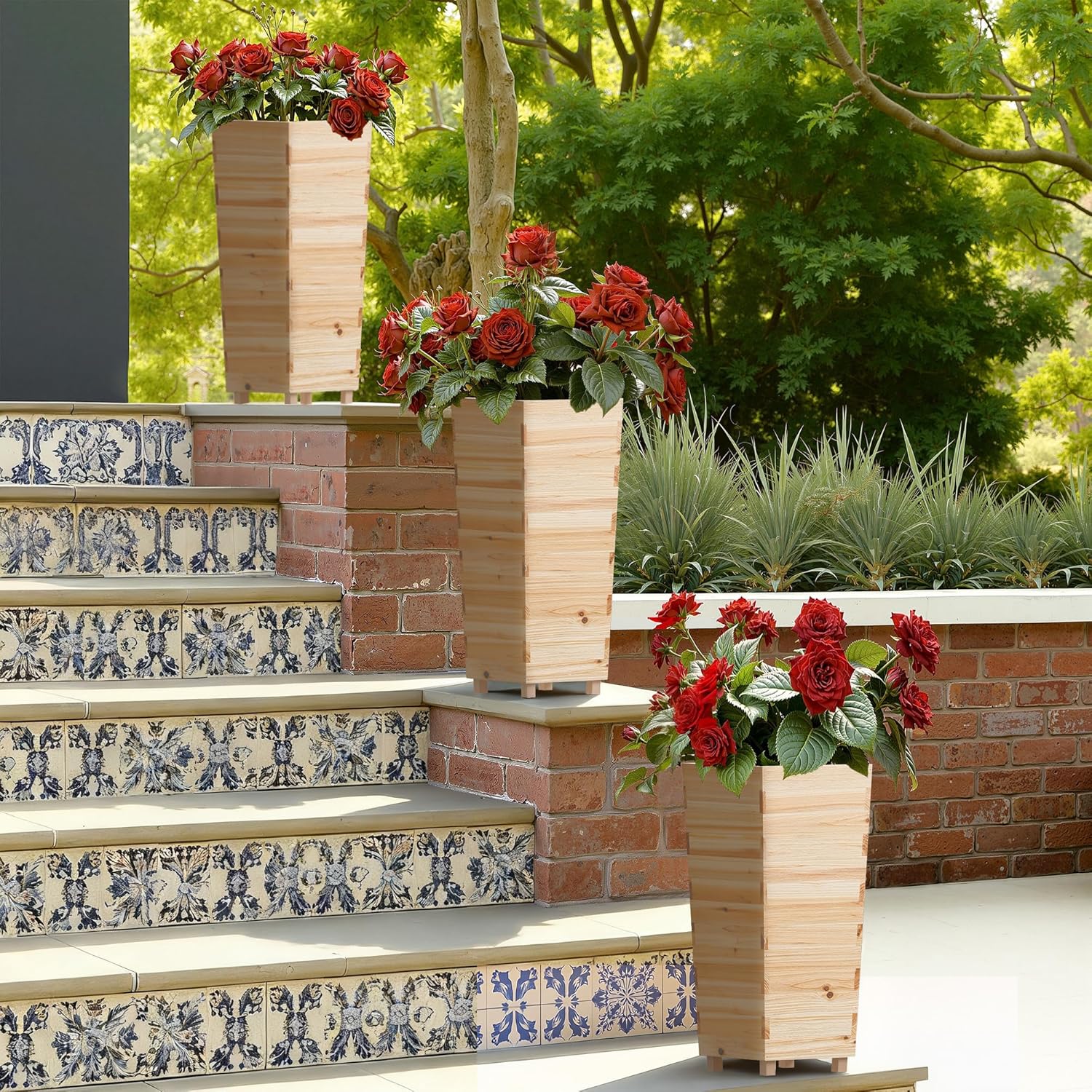 Casaphoriar Wood Planter Pots 10"x10"x24", Tall Planter Box with Drainage Holes, Tapered Planters for Outdoor Patio and Balcony Decor, Oak