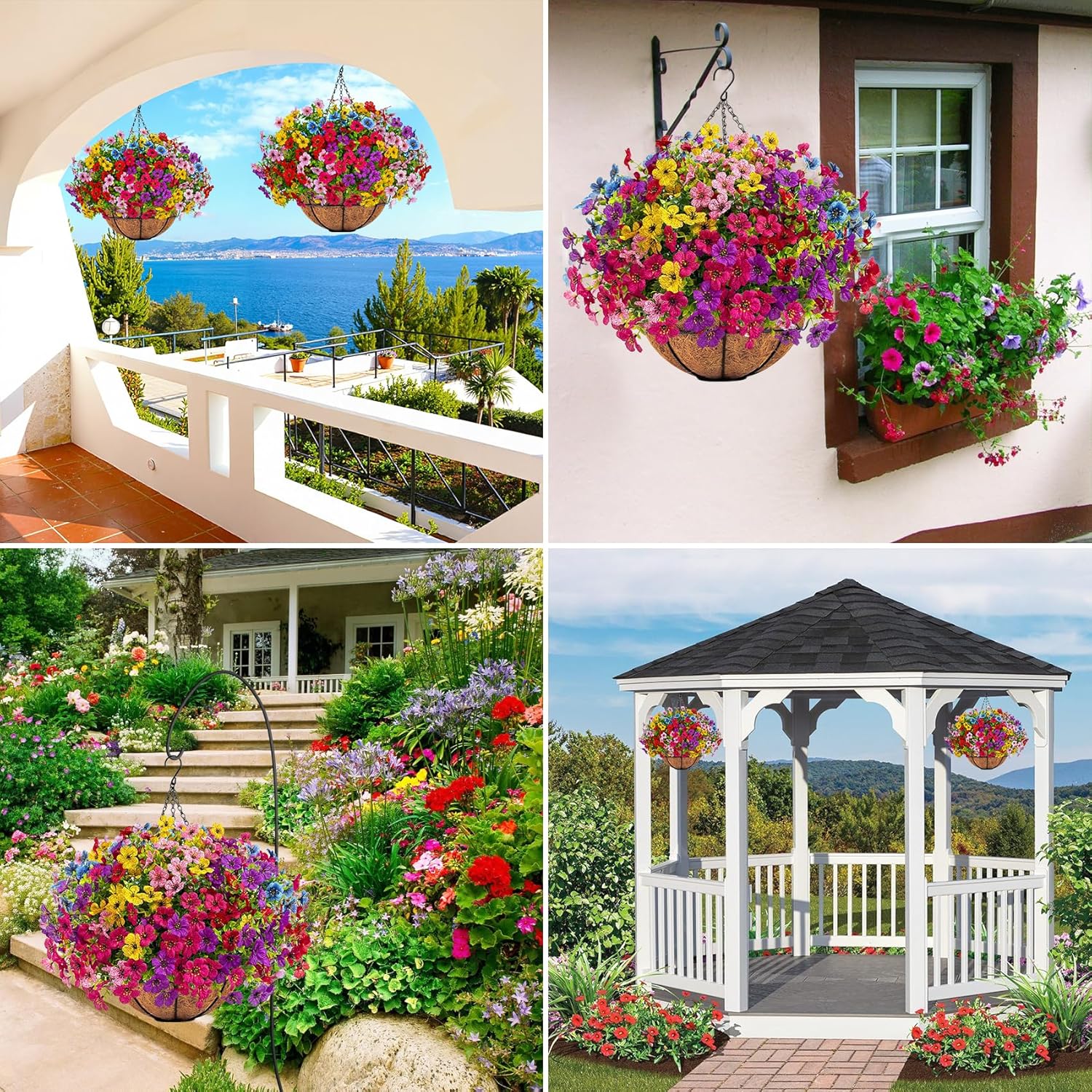 Ouddy Decor Artificial Hanging Flowers with Basket, Fake Hanging Plants with Faux Silk Flowers UV Resistant for Outdoors Indoors Spring Summer Porch Patio Balcony Yard Home Decorations, Multicolor