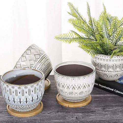 Miniatura 6 de VanEnjoy Macetero redondo grande de cerámica de estilo bohemio de 5.5 pulgadas, diseño geométrico grabado blanco roto marrón suculenta, maceta