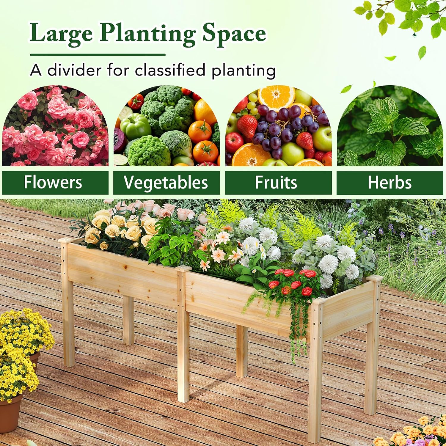 Raised Garden Bed with Legs, Elevated Planter Box with Divider & 8 Drainage Holes, Pine Wood Garden Box for Vegetables, Flowers, Fruits & Herbs (Natural)