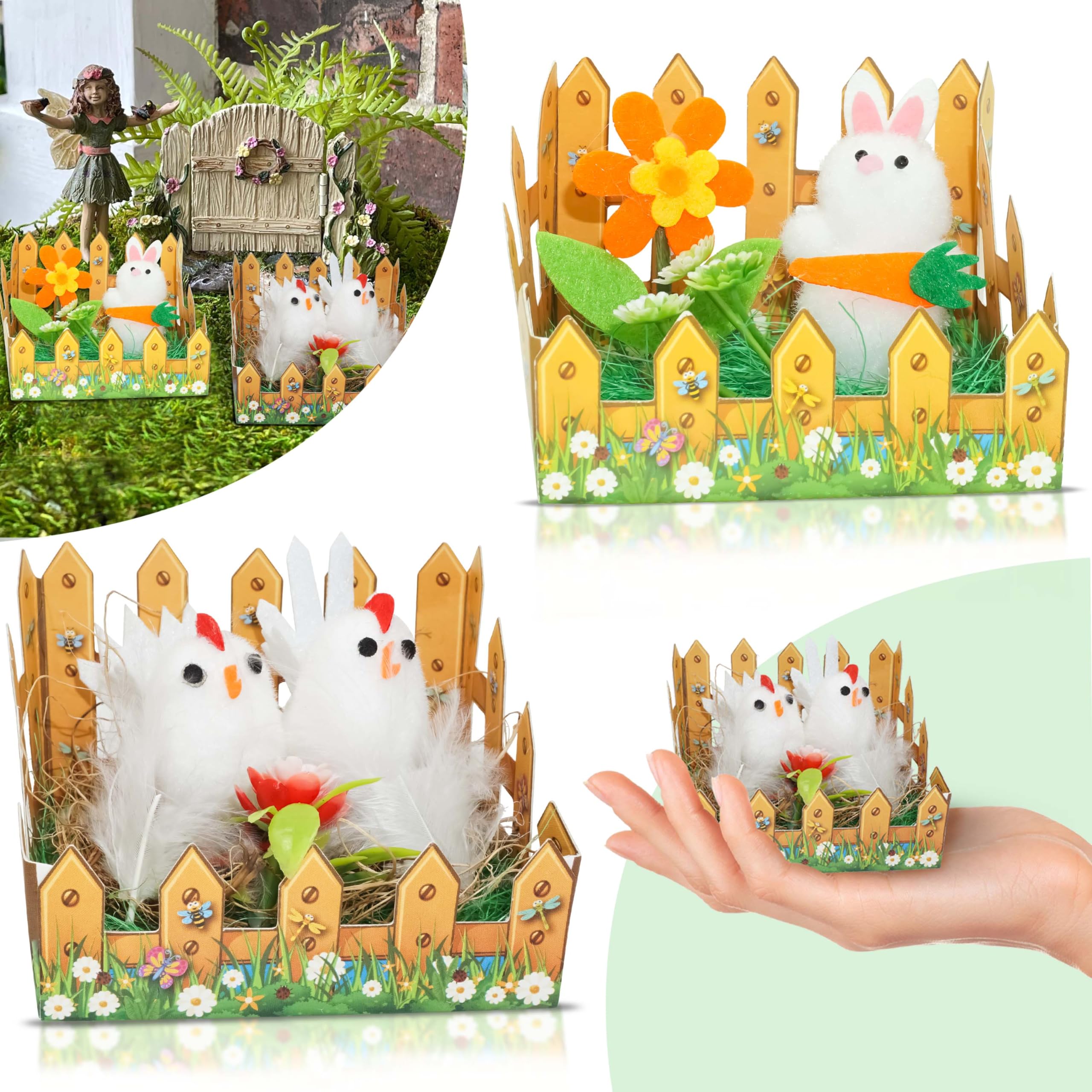 SRV Hub Easter Decorations Set of 2 – Plush Bunny & Chicks with Yellow Picket Fence, Carrot & Sunflower, Mini Easter Centerpiece for Table Decor, Crafts & Party Supplies (8cm)